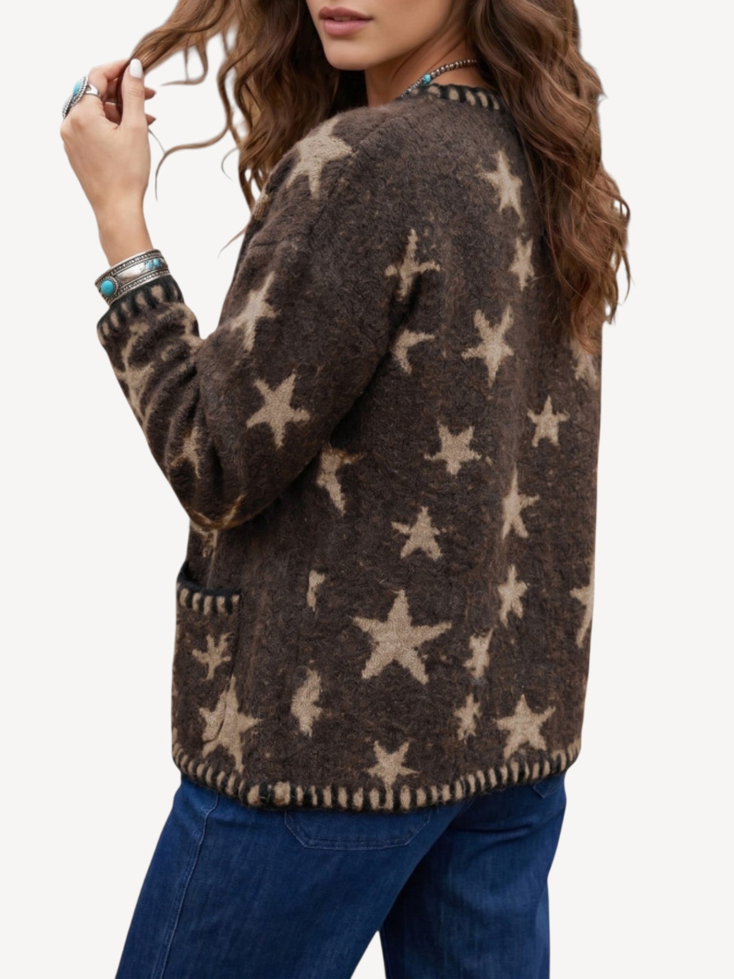 Star Print Whipstitch Cardigan side view