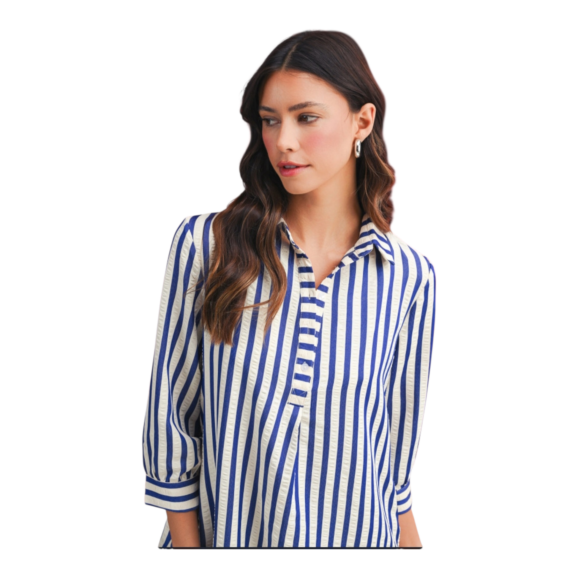 Woman wearing a blue and white striped shirt on a white background