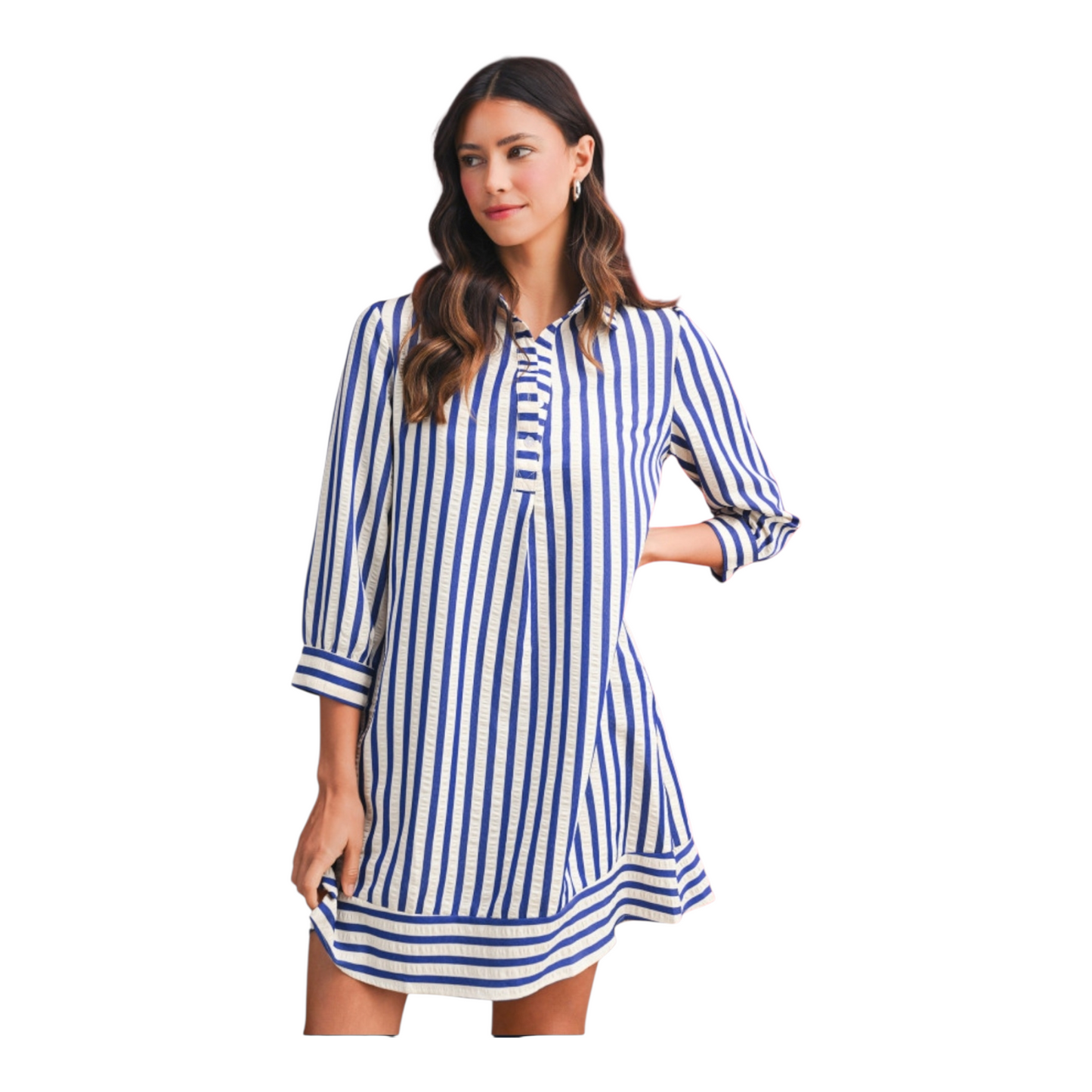 Woman wearing a blue and white striped dress on a white background