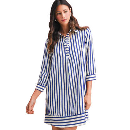 Stripe Collared Puff Sleeve Mini Dress