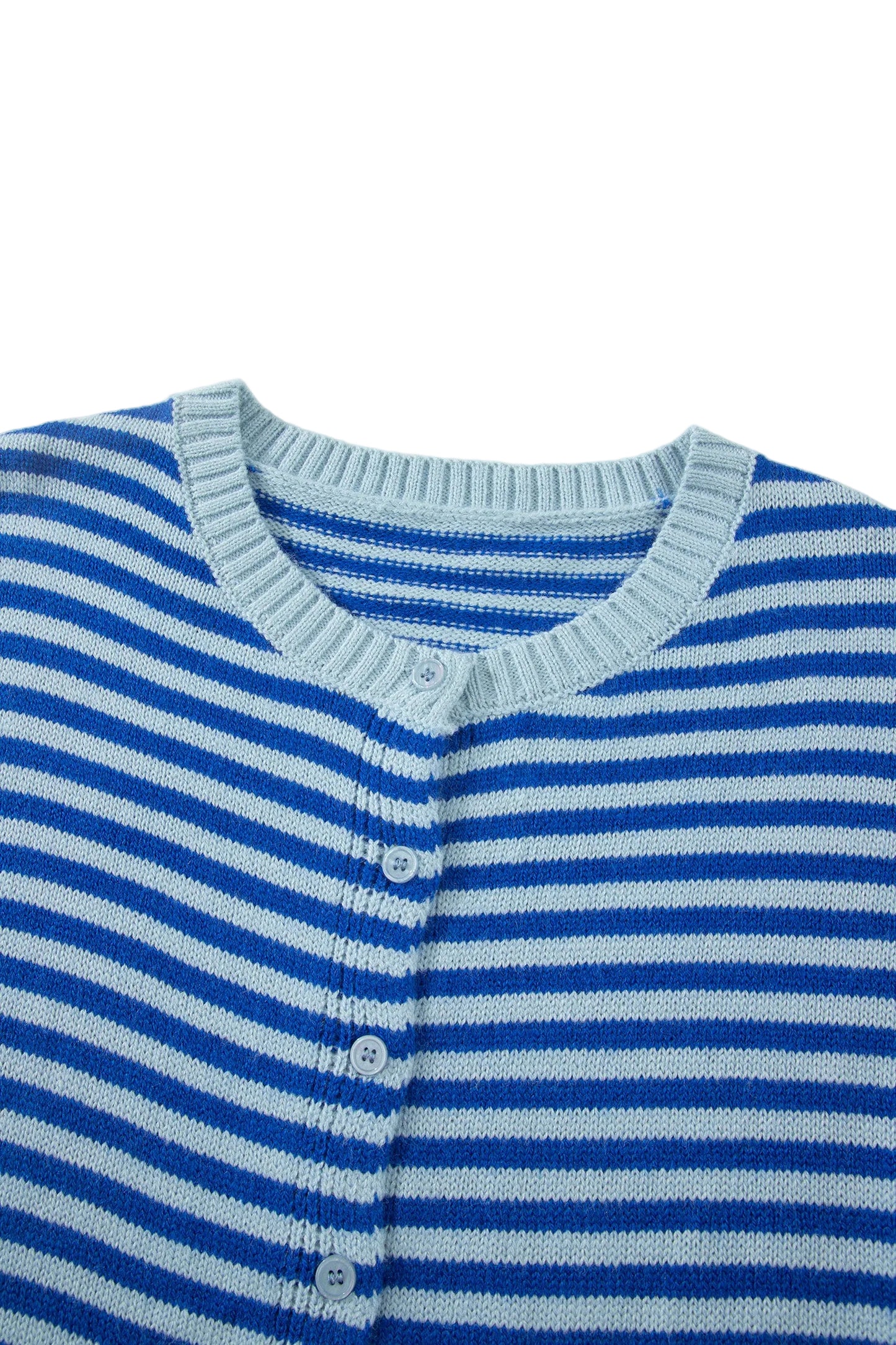 Close-up of a blue and white striped sweater with a ribbed neckline on a white background.