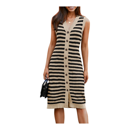 Striped Button-Front Knit Midi Dress - main front view.