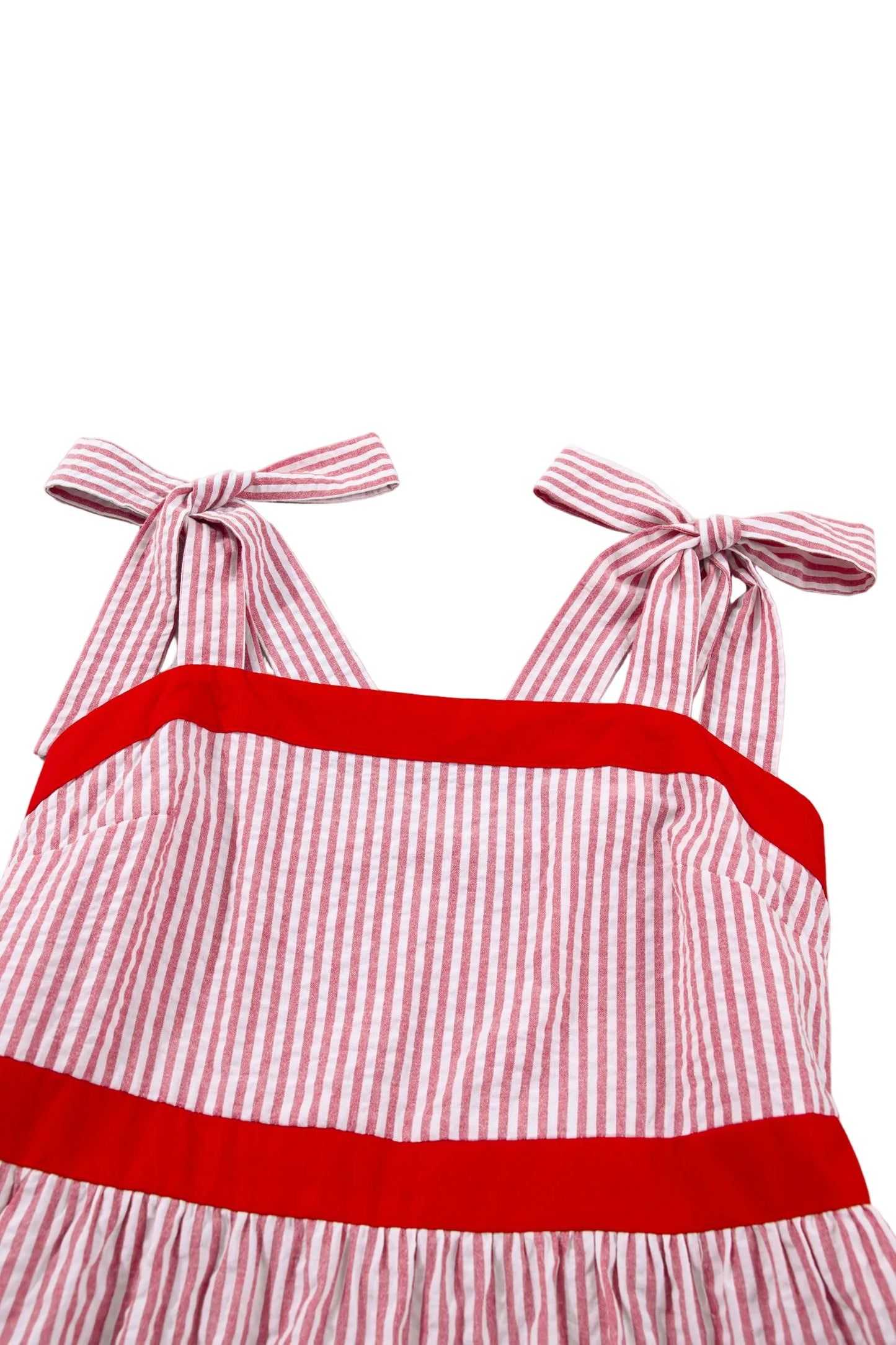 Red and white striped dress with bow straps on a white background