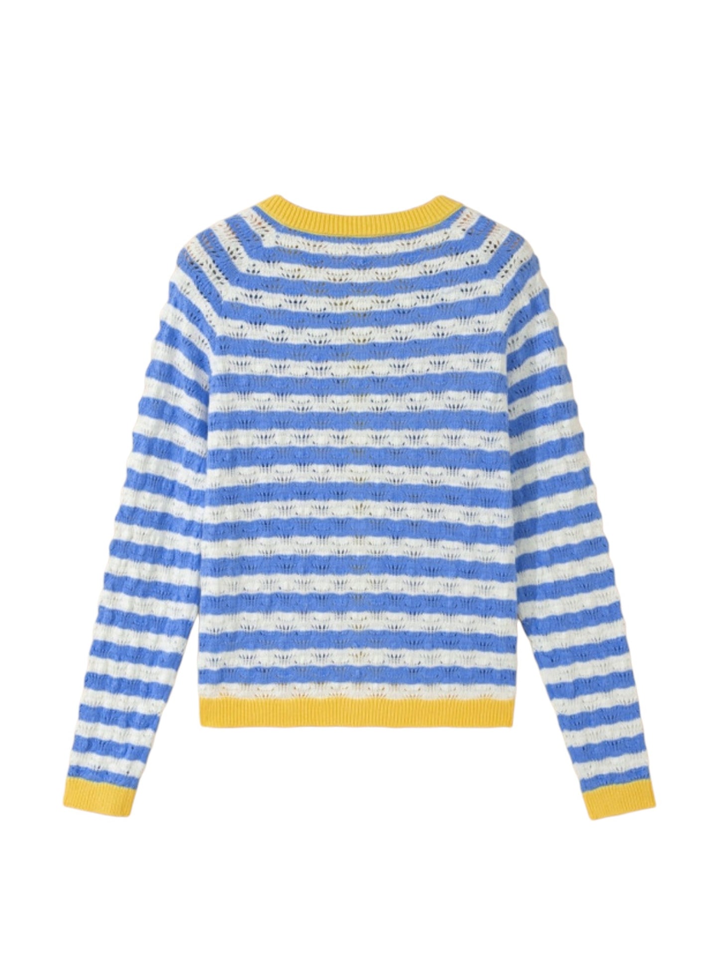 A blue and white striped knit sweater with yellow ribbed trim on the collar, cuffs, and hem, shown from the back against a plain white background.