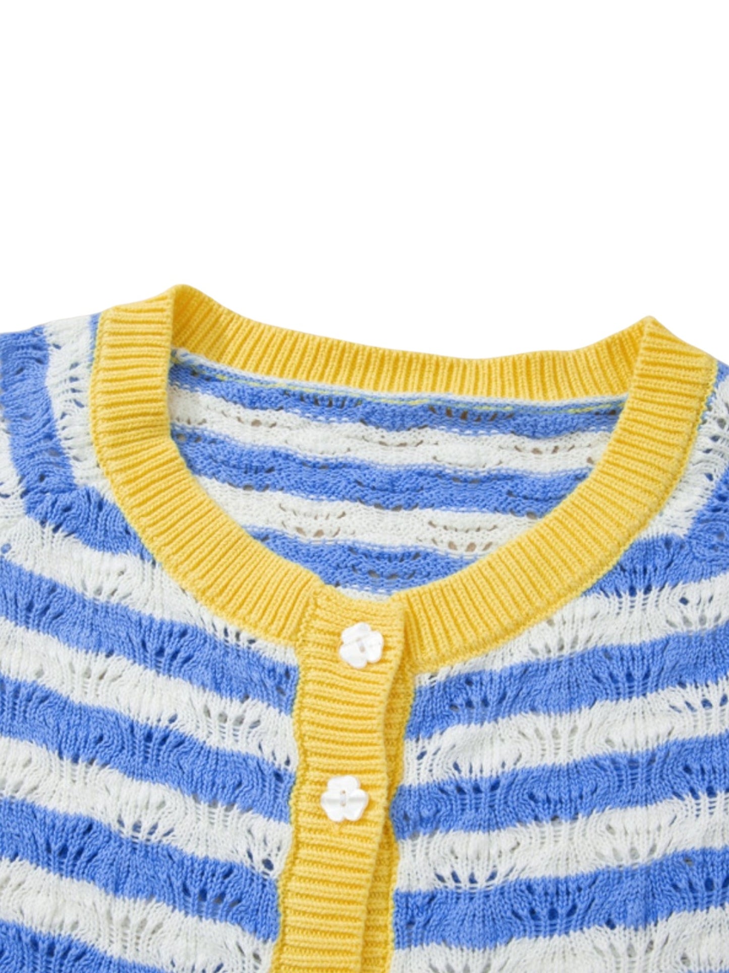 Close-up of a knit cardigan with horizontal blue and white stripes, a yellow ribbed collar and placket, and two white buttons.