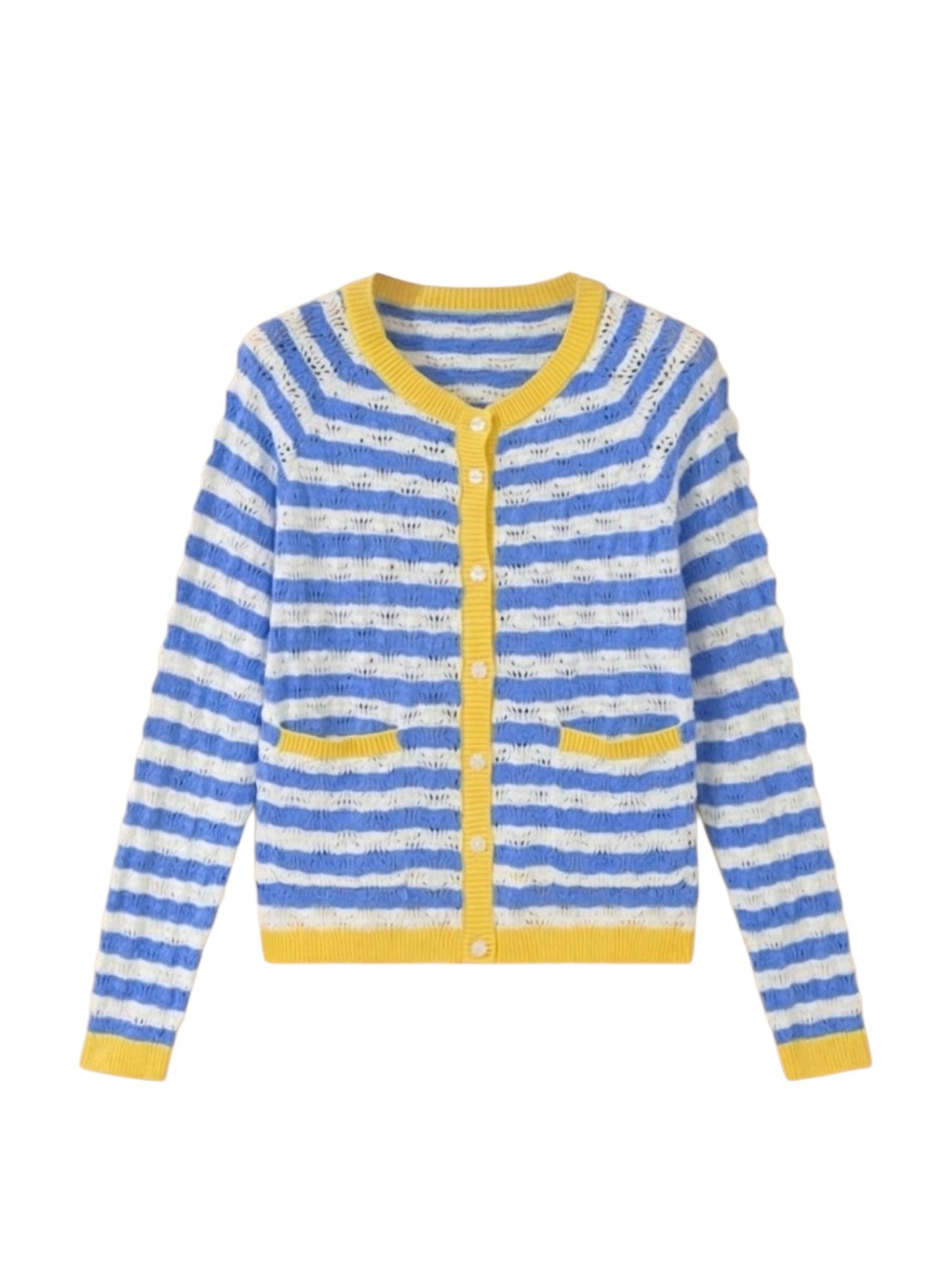 A blue and white striped knit cardigan with yellow trim, featuring a button-up front and two front pockets, displayed on a solid white background.