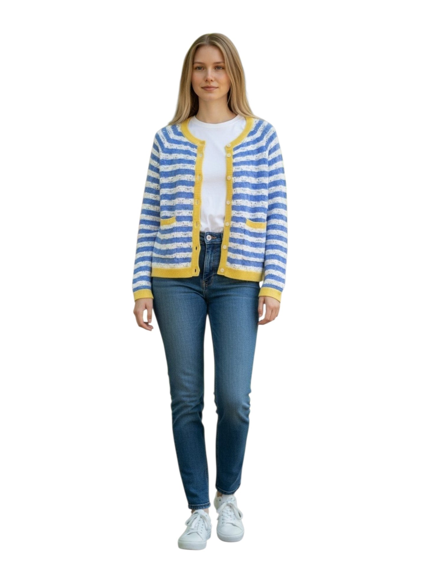 A woman modeling a blue and white striped knit cardigan with yellow trim, worn over a white t-shirt and blue jeans, on a solid white background.