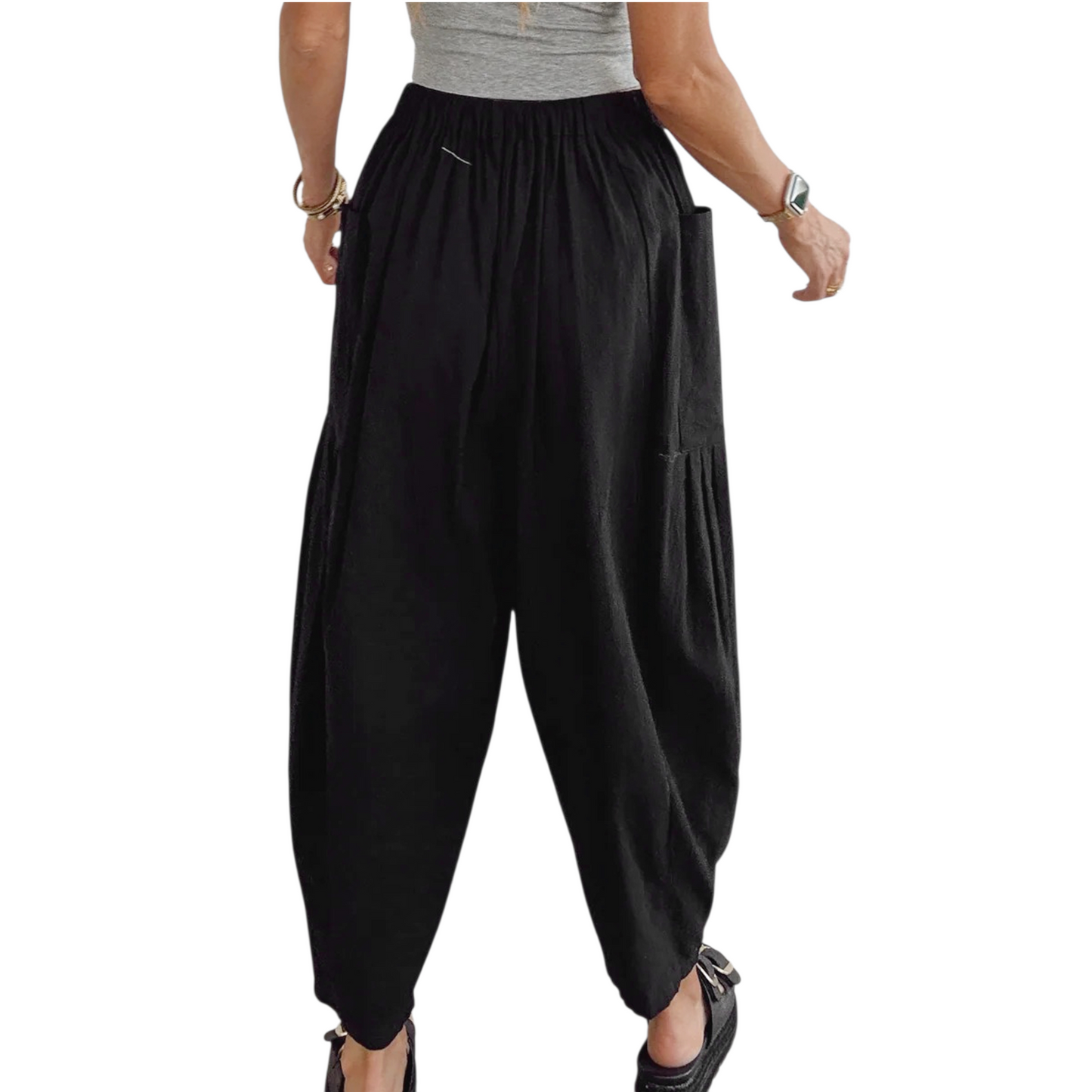 Black wide-leg pants worn by a person on a white background