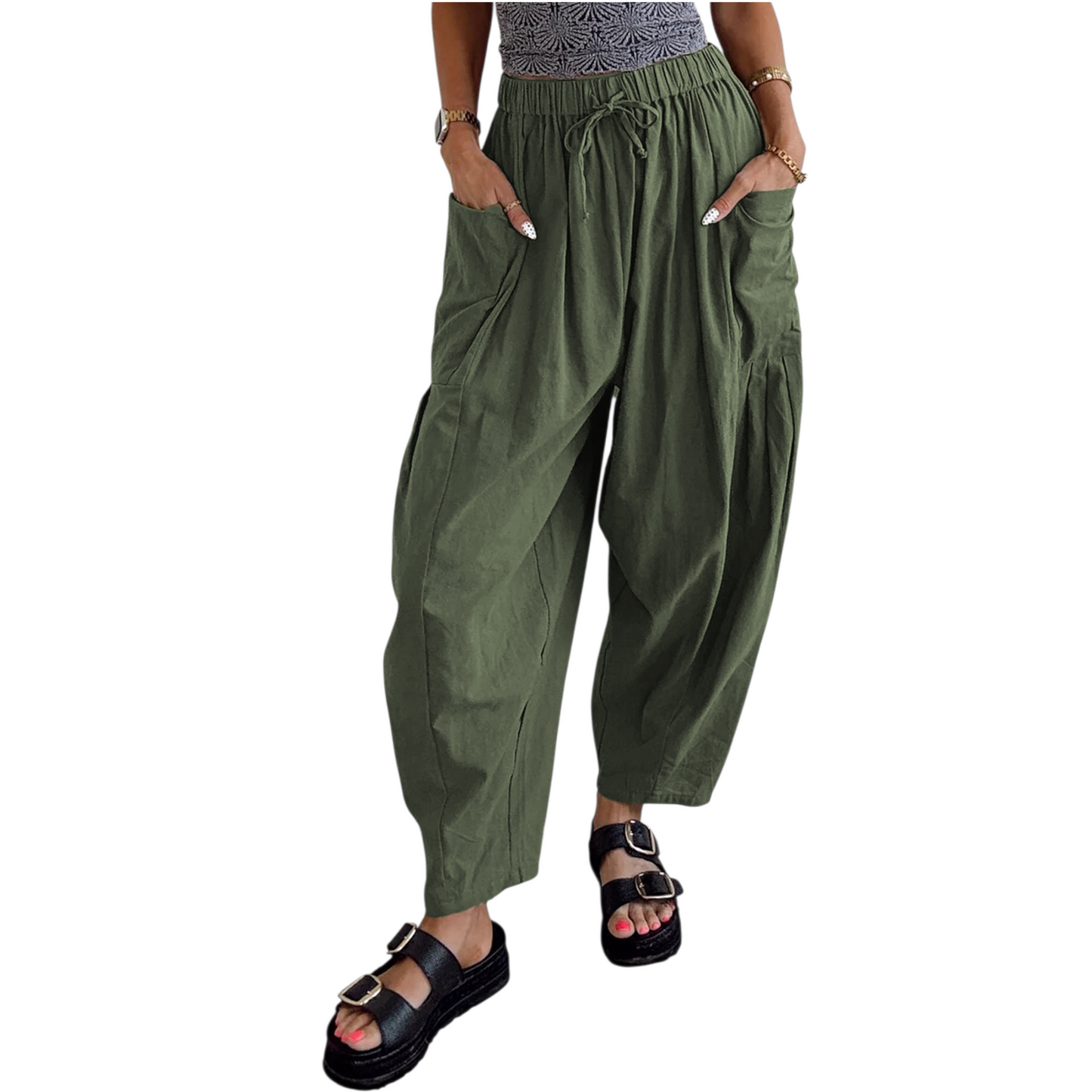 Green wide-leg pants worn by a person on a white background