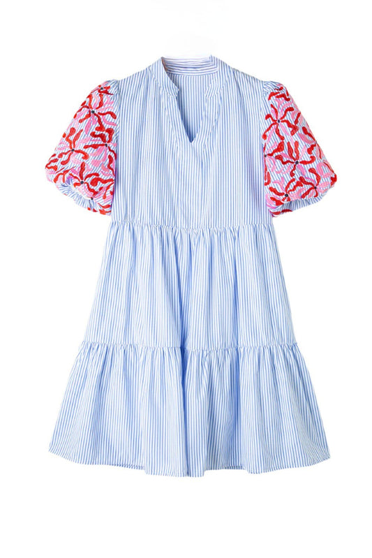 Relaxed summer sky blue striped tiered mini dress for women.