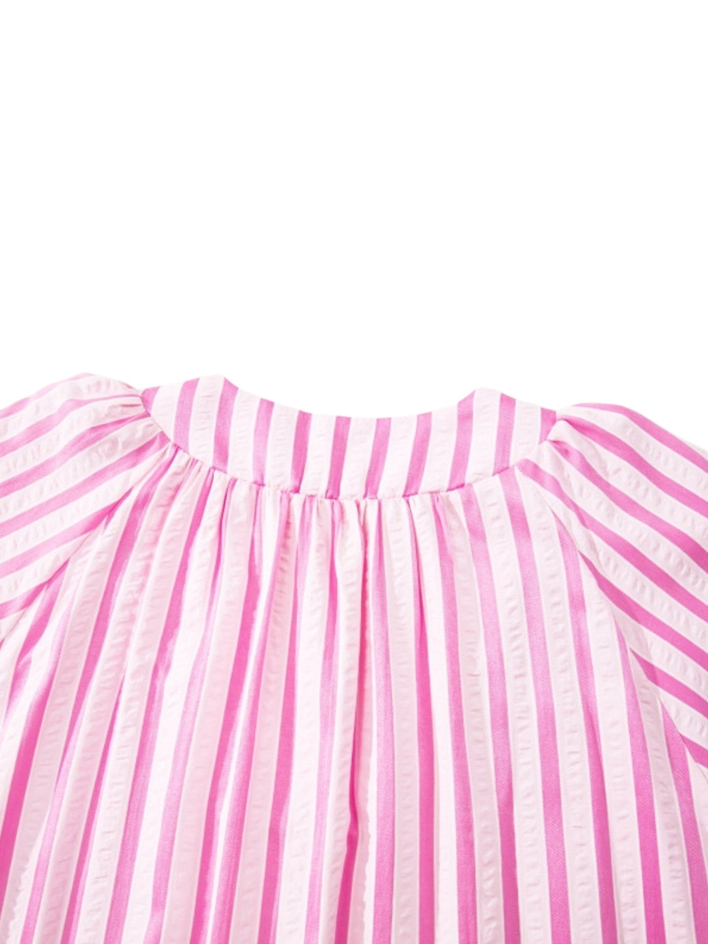 Pink and white vertically striped fabric garment detail with a gathered neckline and puffed shoulders, shown against a plain white background.