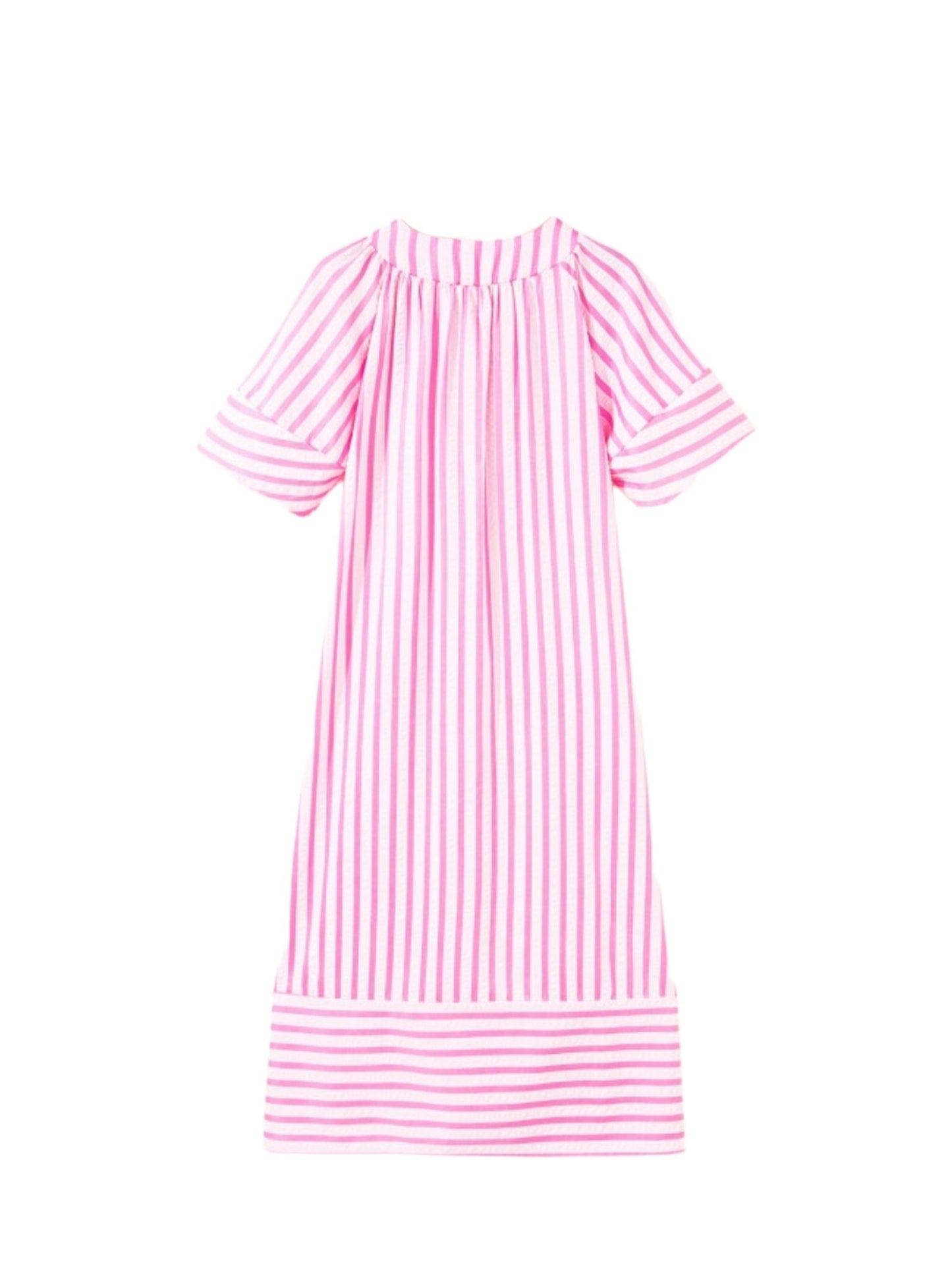 A pink and white vertically striped short-sleeve dress with horizontal stripes on the hem, shown against a plain white background.