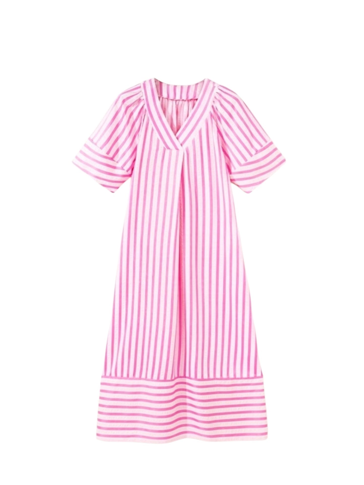 A pink and white vertically striped short-sleeve dress with a V-neckline, shown against a plain white background.