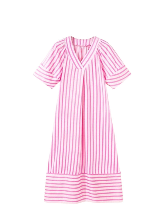 A pink and white vertically striped short-sleeve dress with a V-neckline, shown against a plain white background.