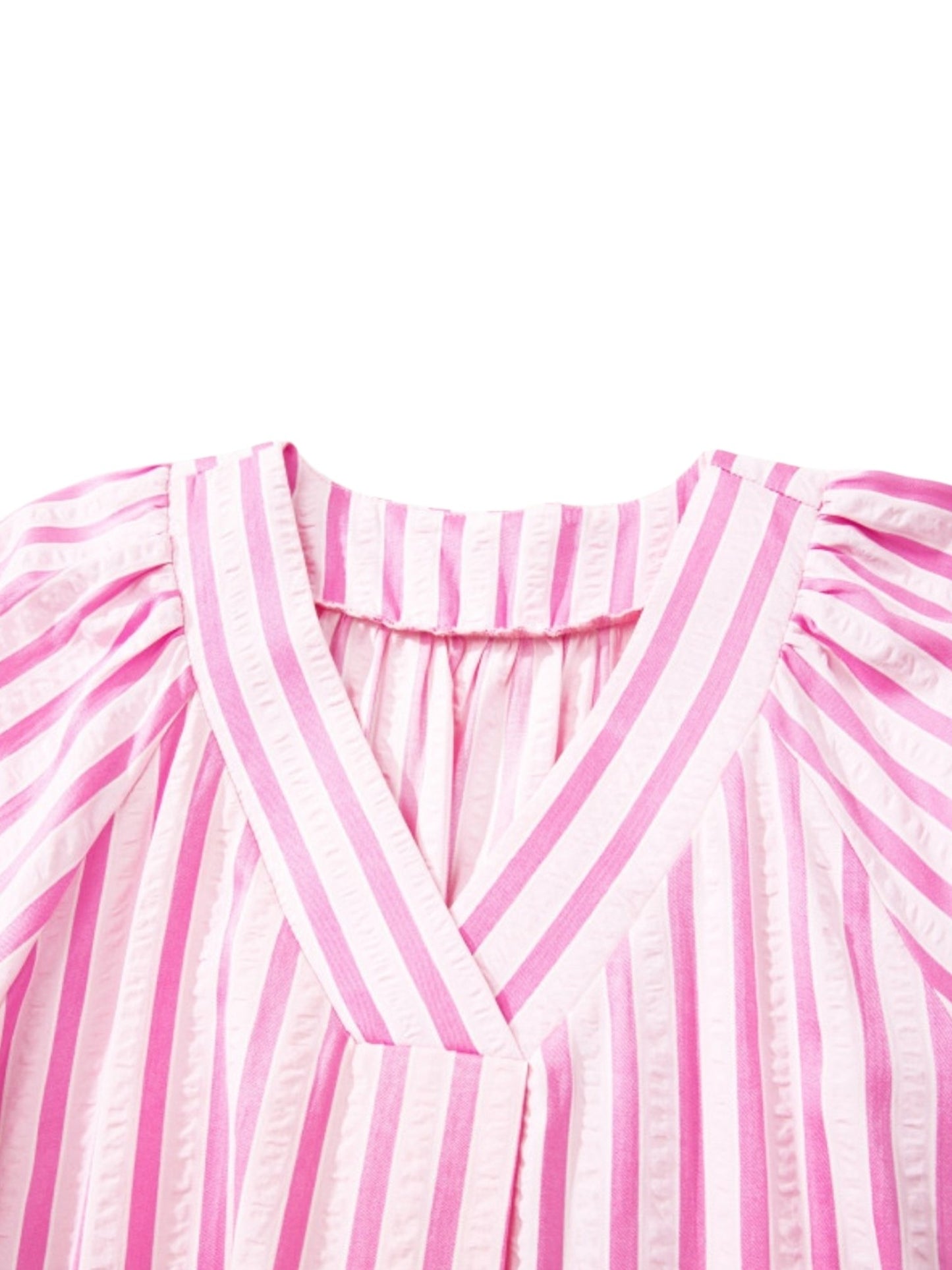 Pink and white vertically striped blouse with a V-neckline and puffed sleeves, shown on a plain white background.