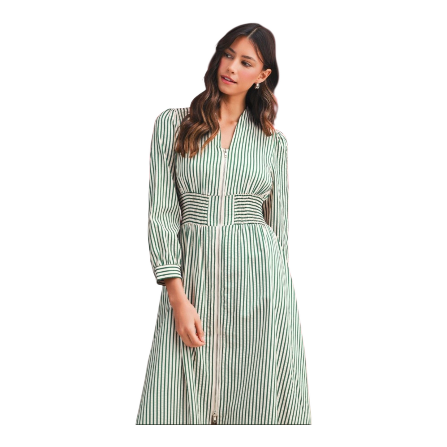 Woman wearing a green and white striped dress on a white background