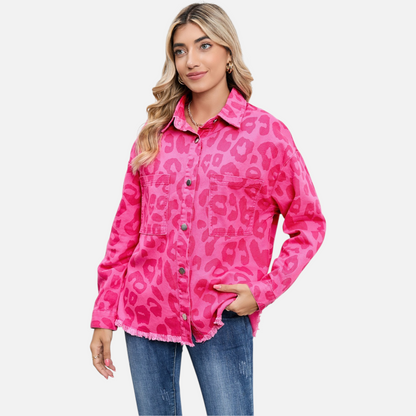 Pink Leopard Print Denim Jacket with Raw Hem
