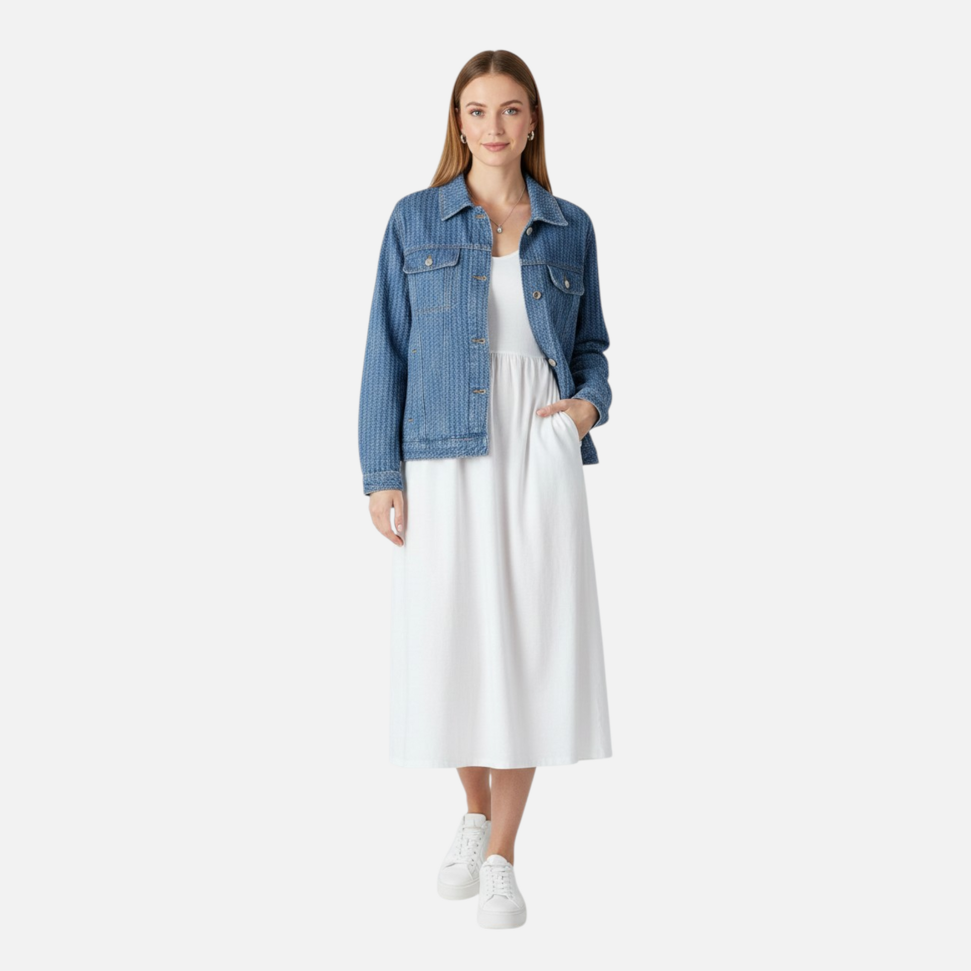 A model wearing a textured button-down jacket over a white midi dress, showcasing a versatile and relaxed outfit for everyday wear.