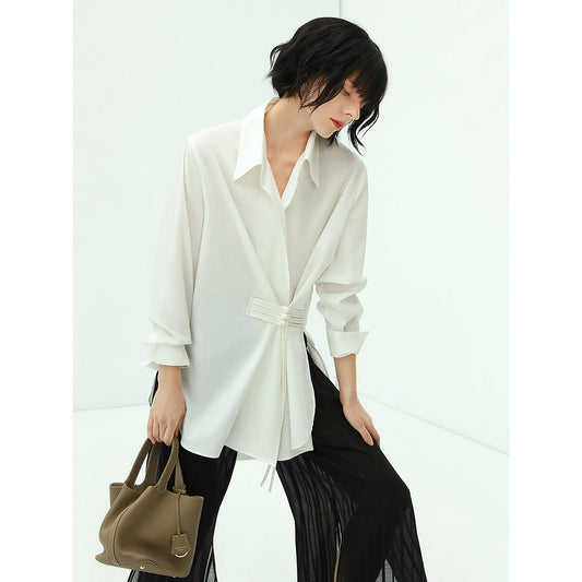 Suave Asymmetrical Hem Knot Buckled White Shirt-0