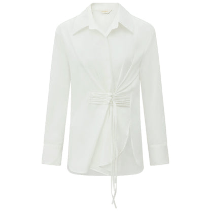 Suave Asymmetrical Hem Knot Buckled White Shirt-3