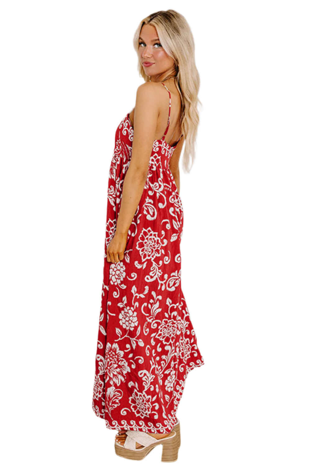 Red Floral Print Spaghetti Strap Empire Waist Maxi Dress Red / M Red Floral Print Spaghetti Strap Empire Waist Maxi Dress Red / M