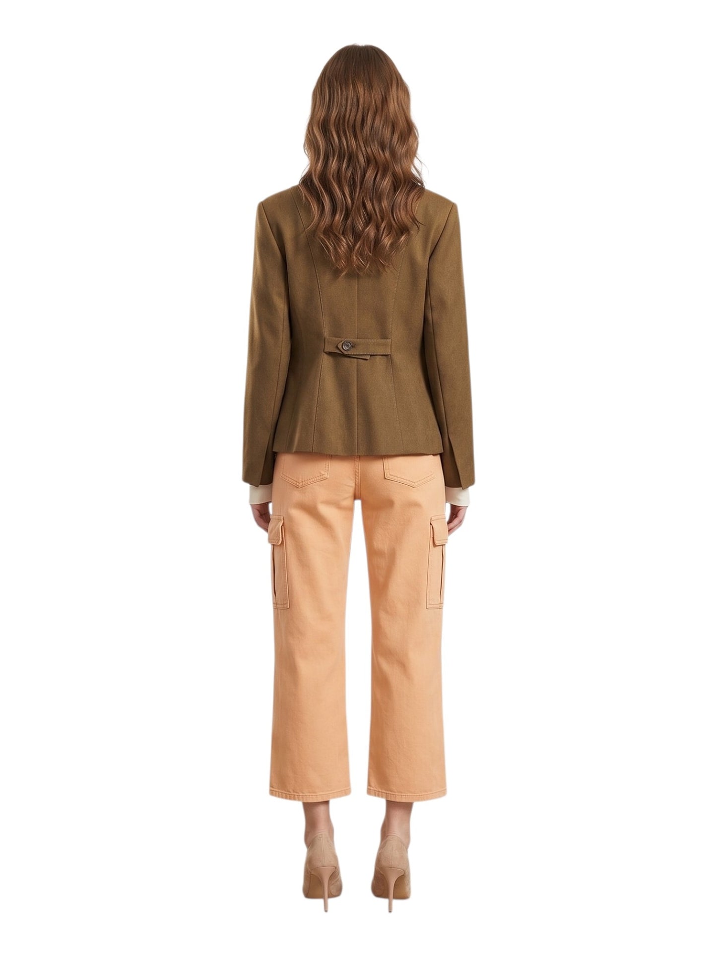 Woman wearing a brown blazer and apricot wide-leg jeans on a white background back profile view