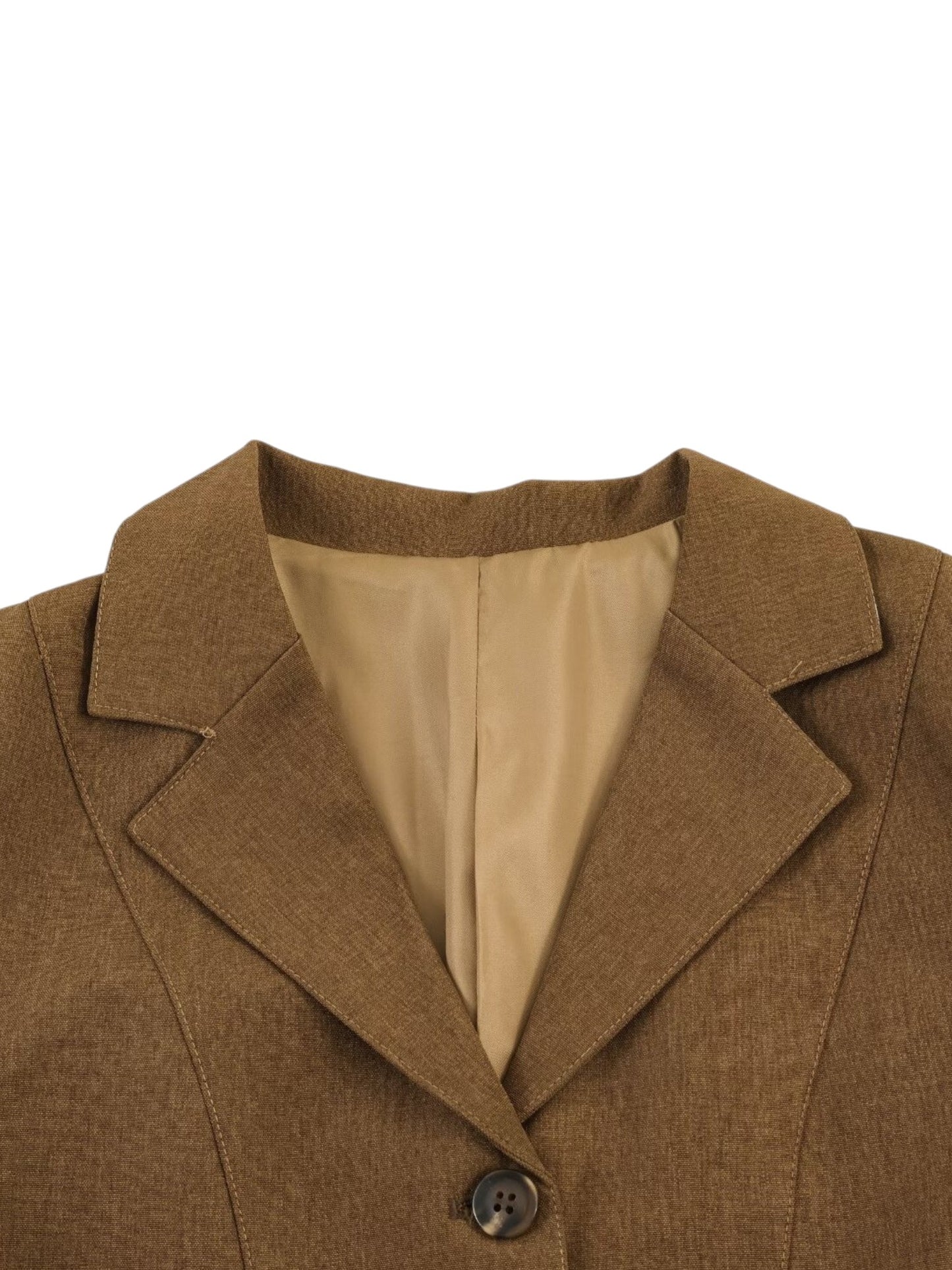 Close-up of a brown blazer with a button on a white background collar view