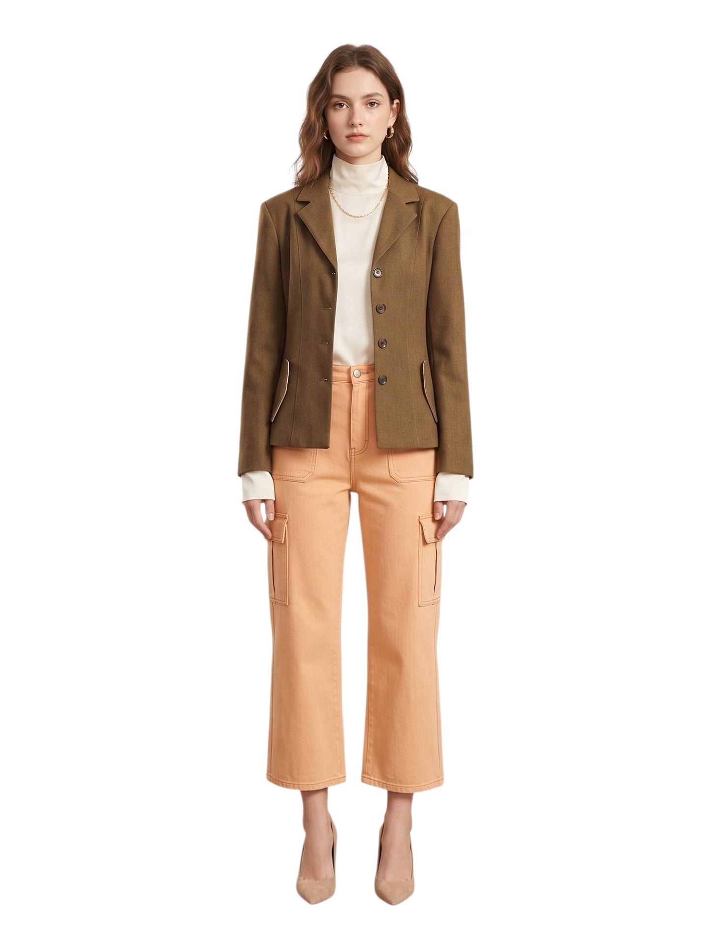 Woman wearing a brown tailored blazer and tan pants on a white background front full-length view