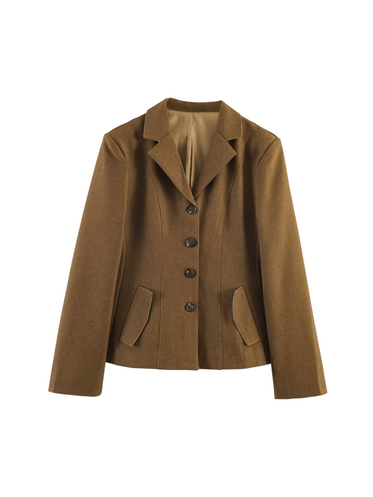 Brown blazer with buttons on a white background front view