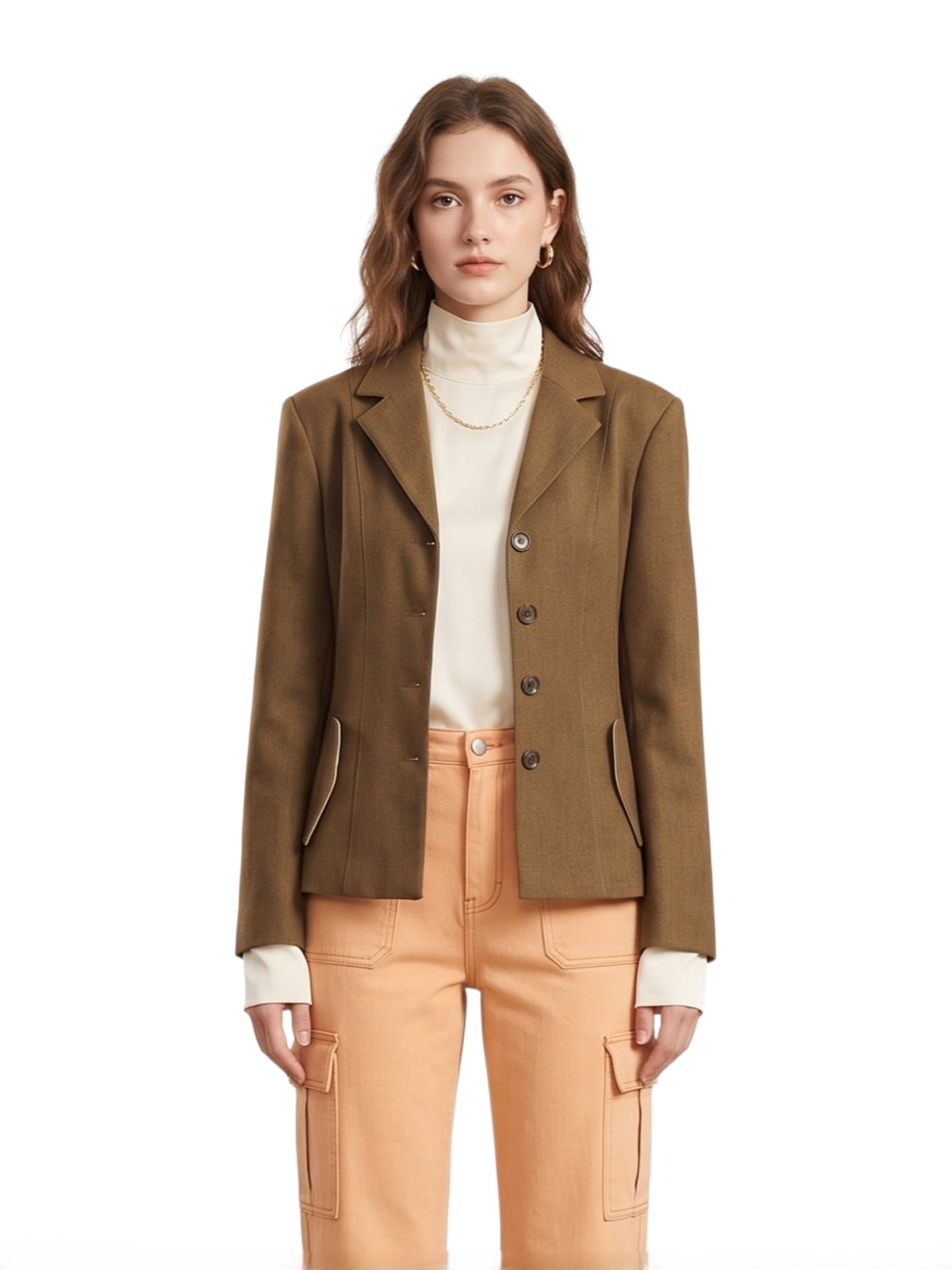Woman wearing a brown blazer and apricot jeans on a white background front view