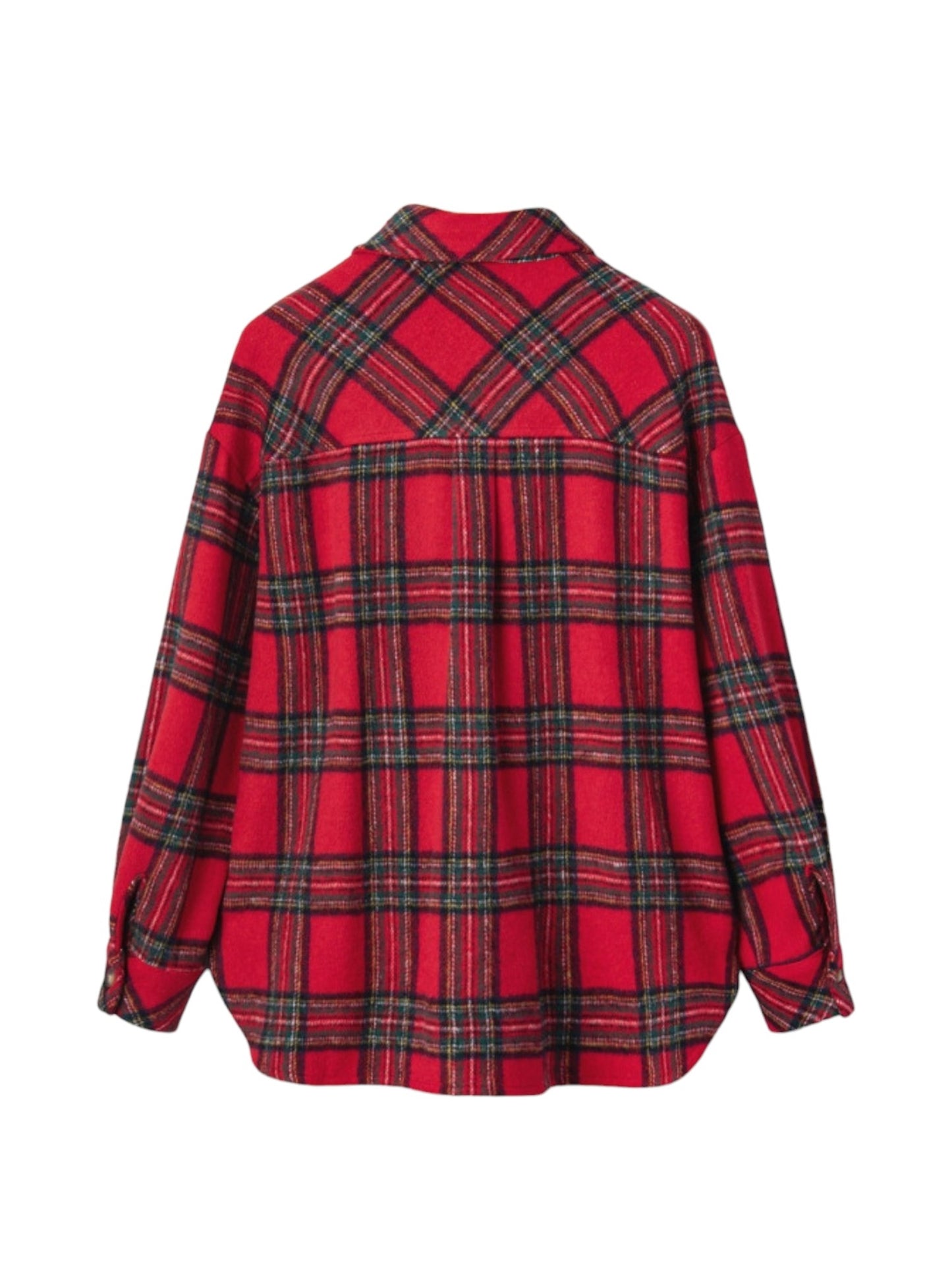 A red plaid flannel shirt jacket with black and green stripes, shown from the back on a plain white background.