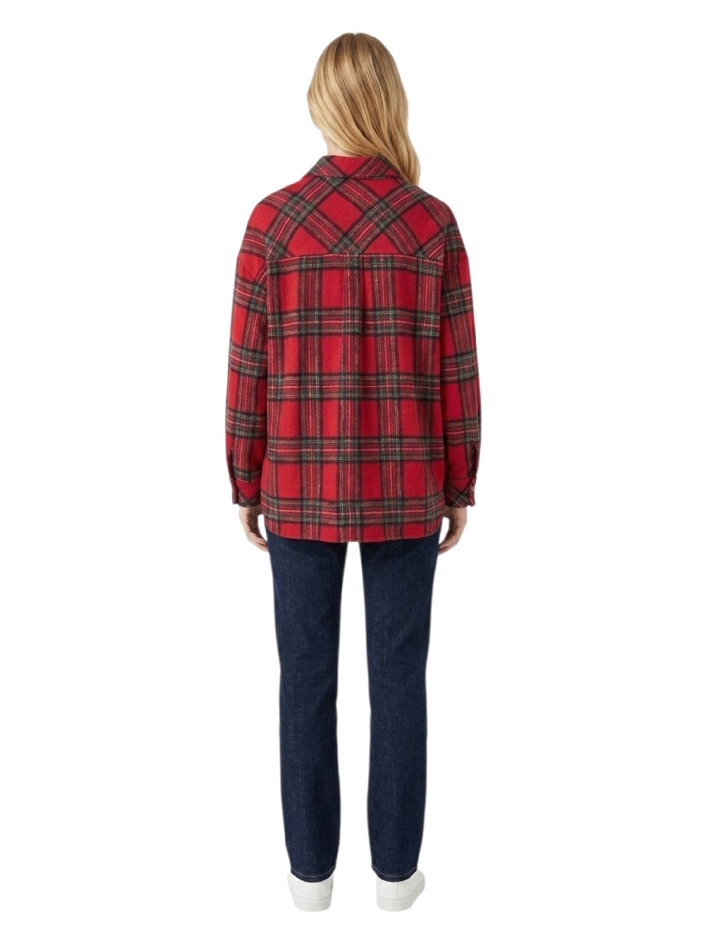 A woman viewed from the back wearing a red and black plaid flannel shirt and dark blue jeans against a plain white background.