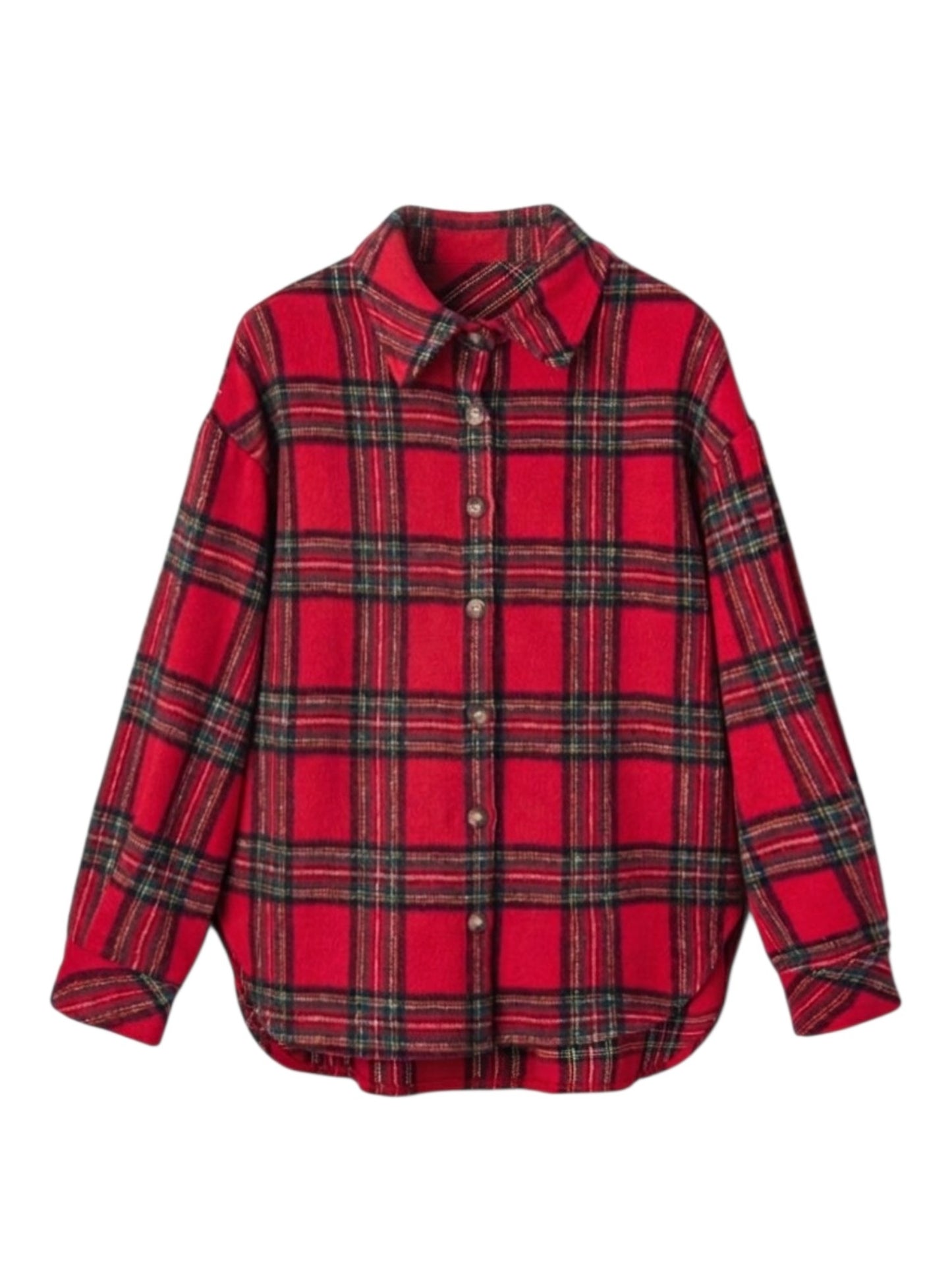 A red long-sleeve button-up shirt with a black and green plaid pattern, shown against a plain white background.