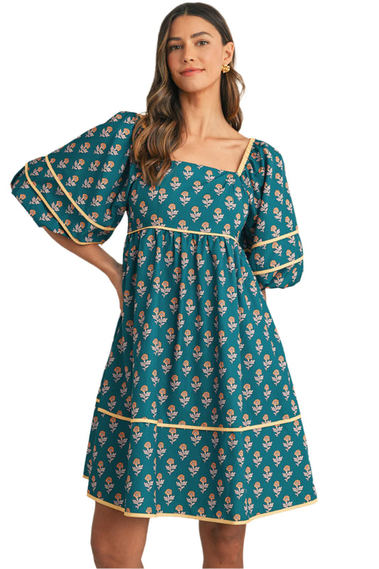 Teal floral pleated mini dress for women, summer style.