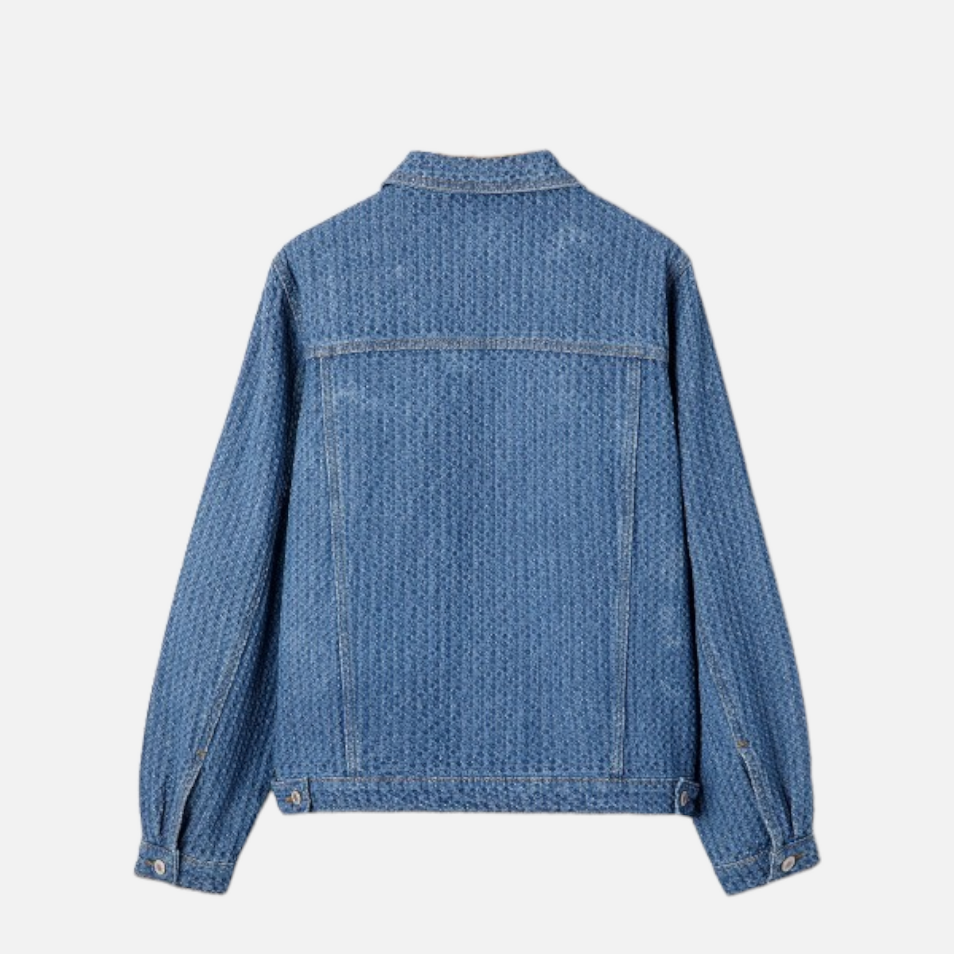 Rear view of the textured blue cotton-blend jacket, highlighting its clean, relaxed silhouette and sophisticated seam detailing.