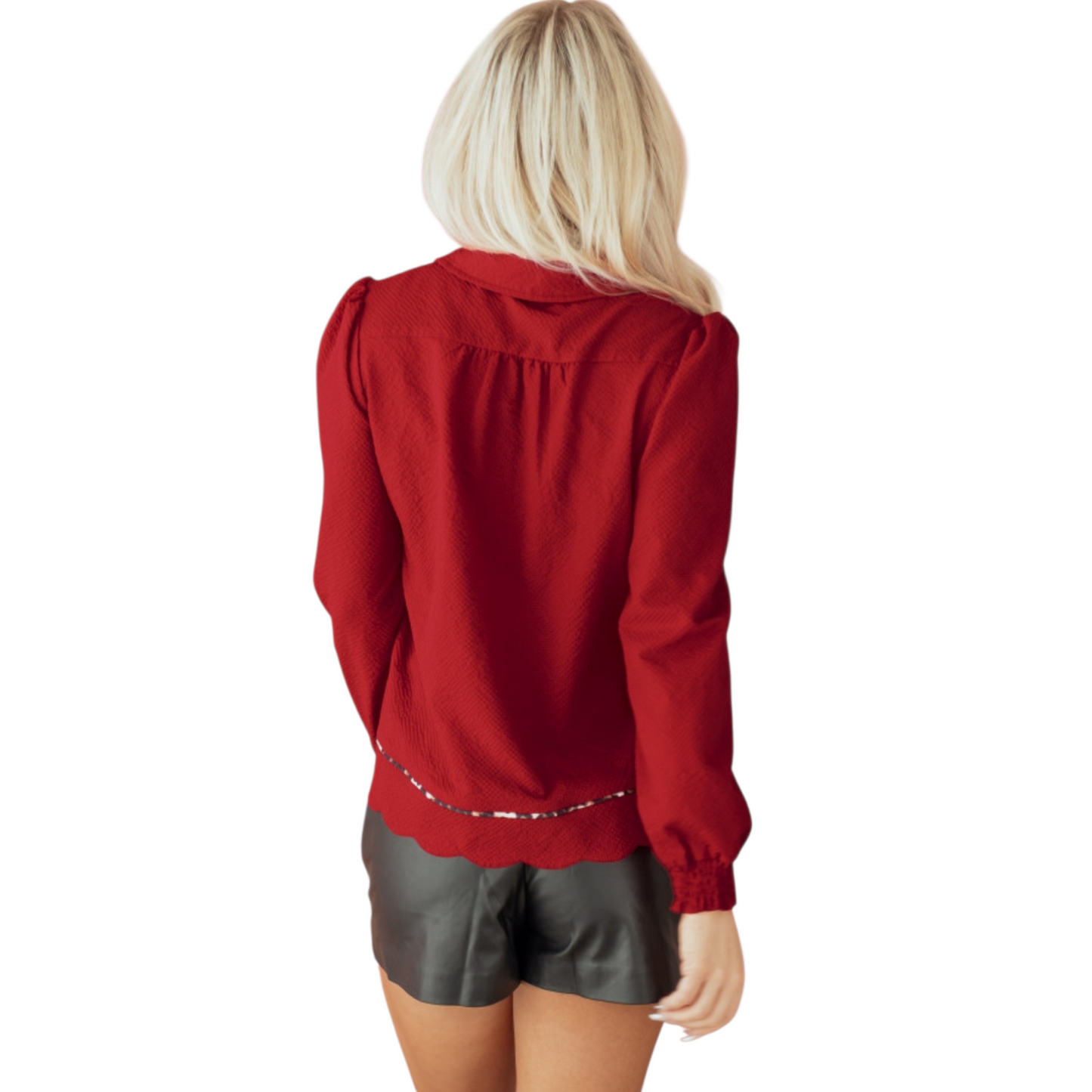 Textured Collared Blouse with Leopard Trim