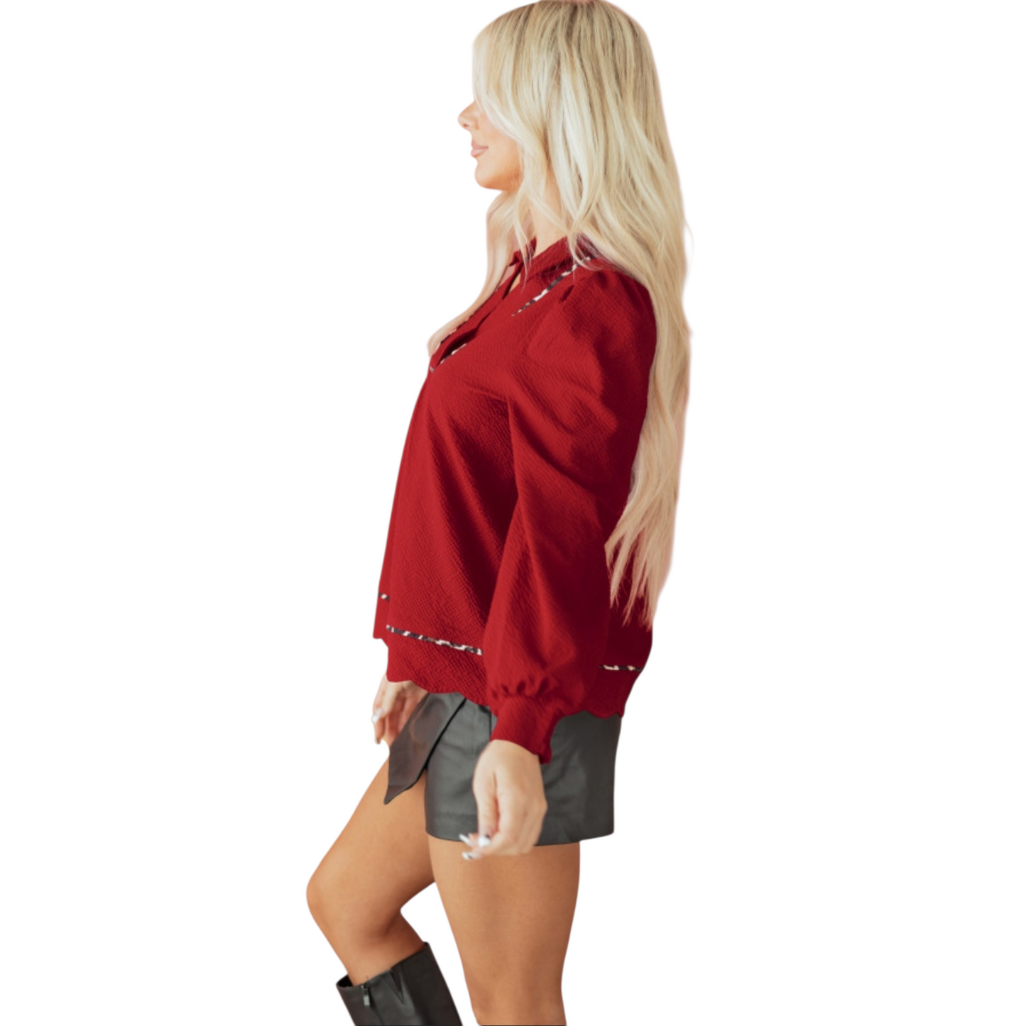 Textured Collared Blouse with Leopard Trim