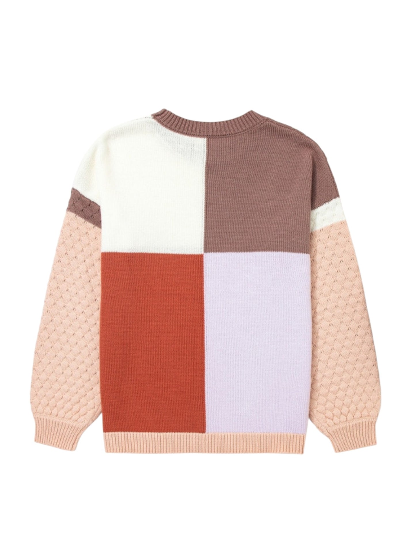 Professional flat-lay back view of a color-block knit sweater with cream, brown, rust, pale lavender, and peach panels