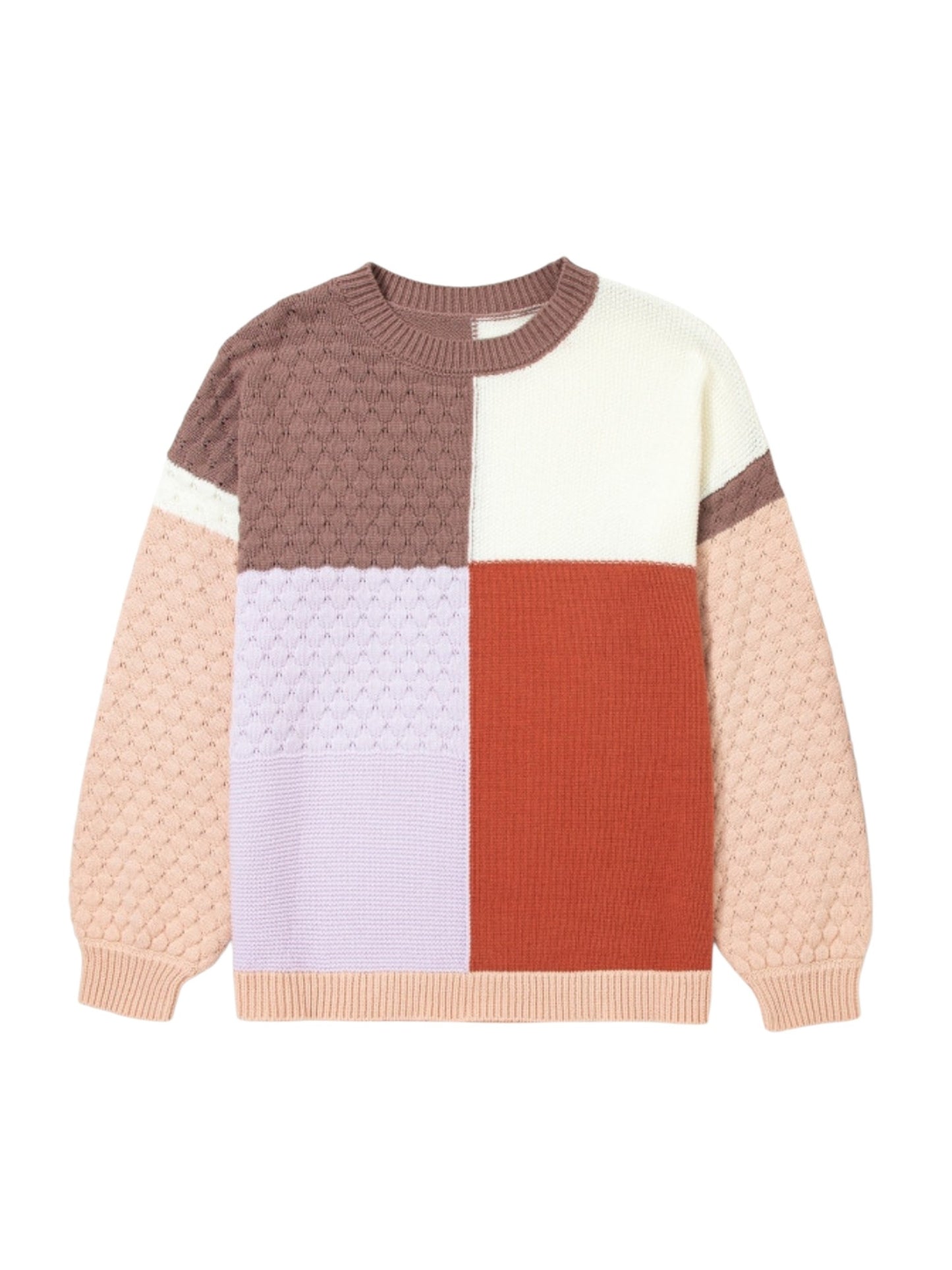 Professional flat-lay front view of a color-block knit sweater with cream, brown, rust, pale lavender, and peach panels.