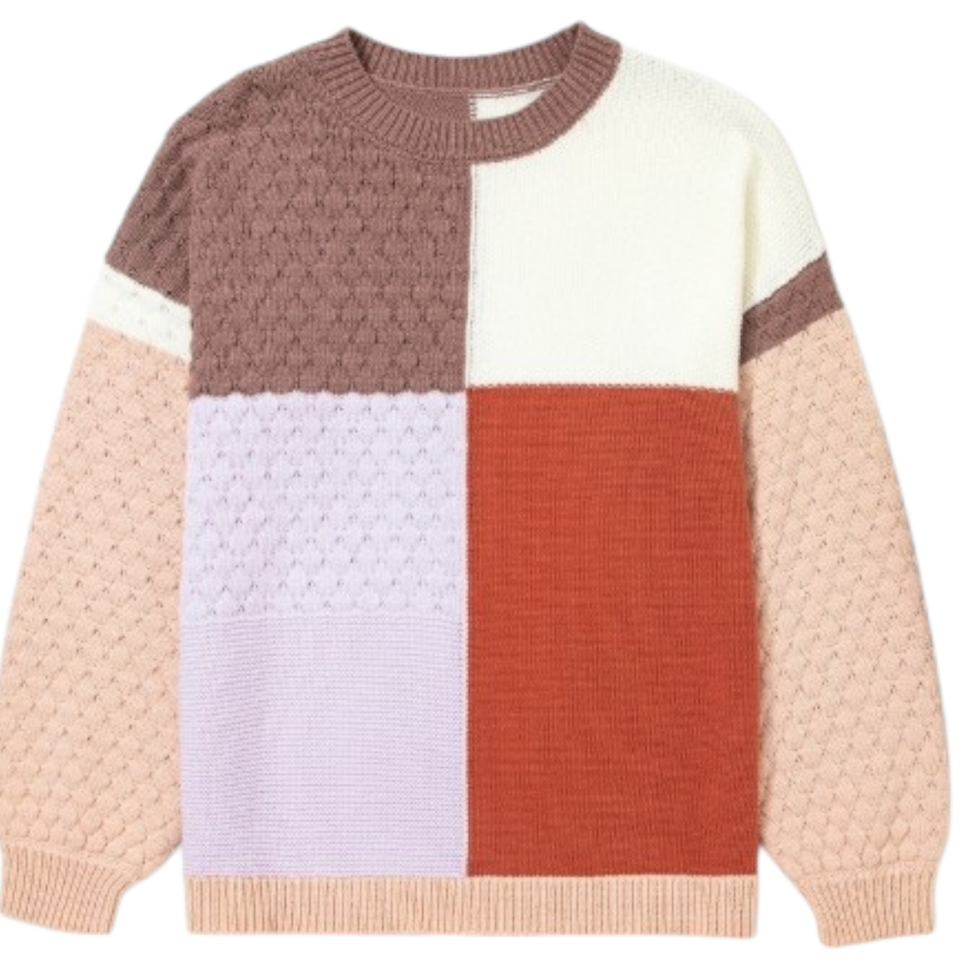 Color-blocked sweater with brown, white, red, and beige sections on a white background