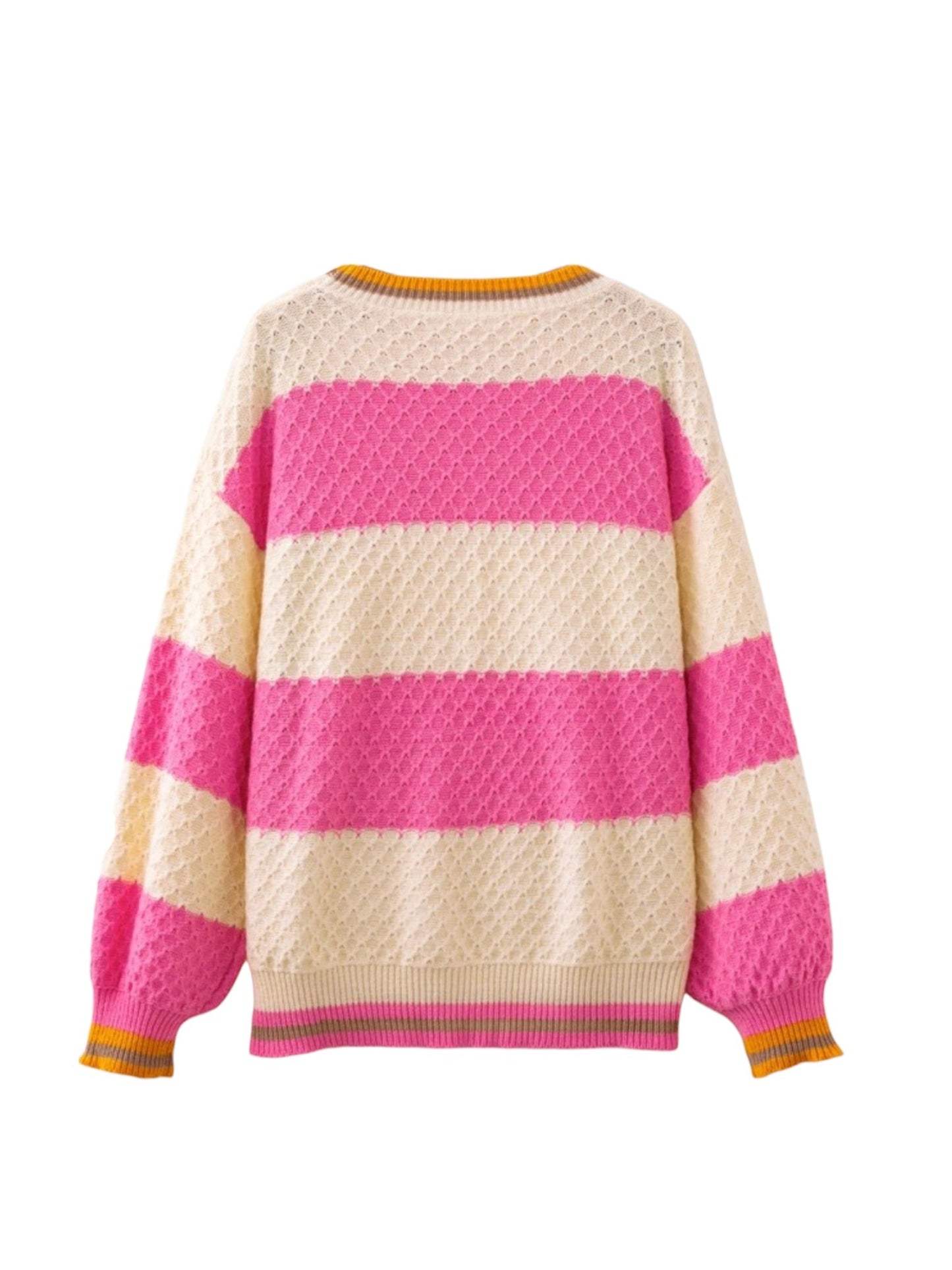 A textured knit sweater with horizontal stripes in cream and bright pink, featuring mustard yellow and orange striped ribbed trim at the collar, cuffs, and hem.