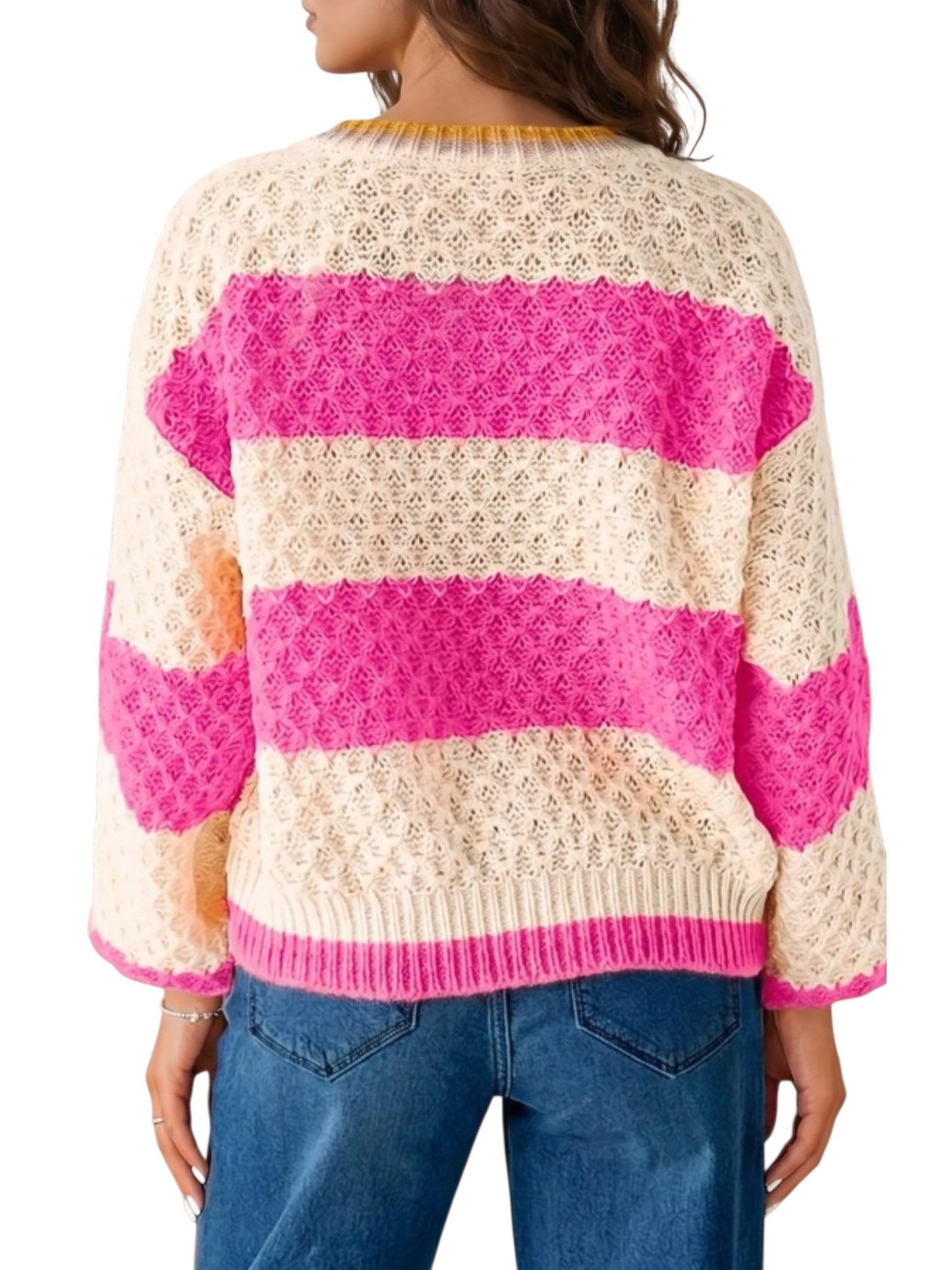 A woman wearing a cream and bright pink striped knit sweater, shown from the back against a plain white background.