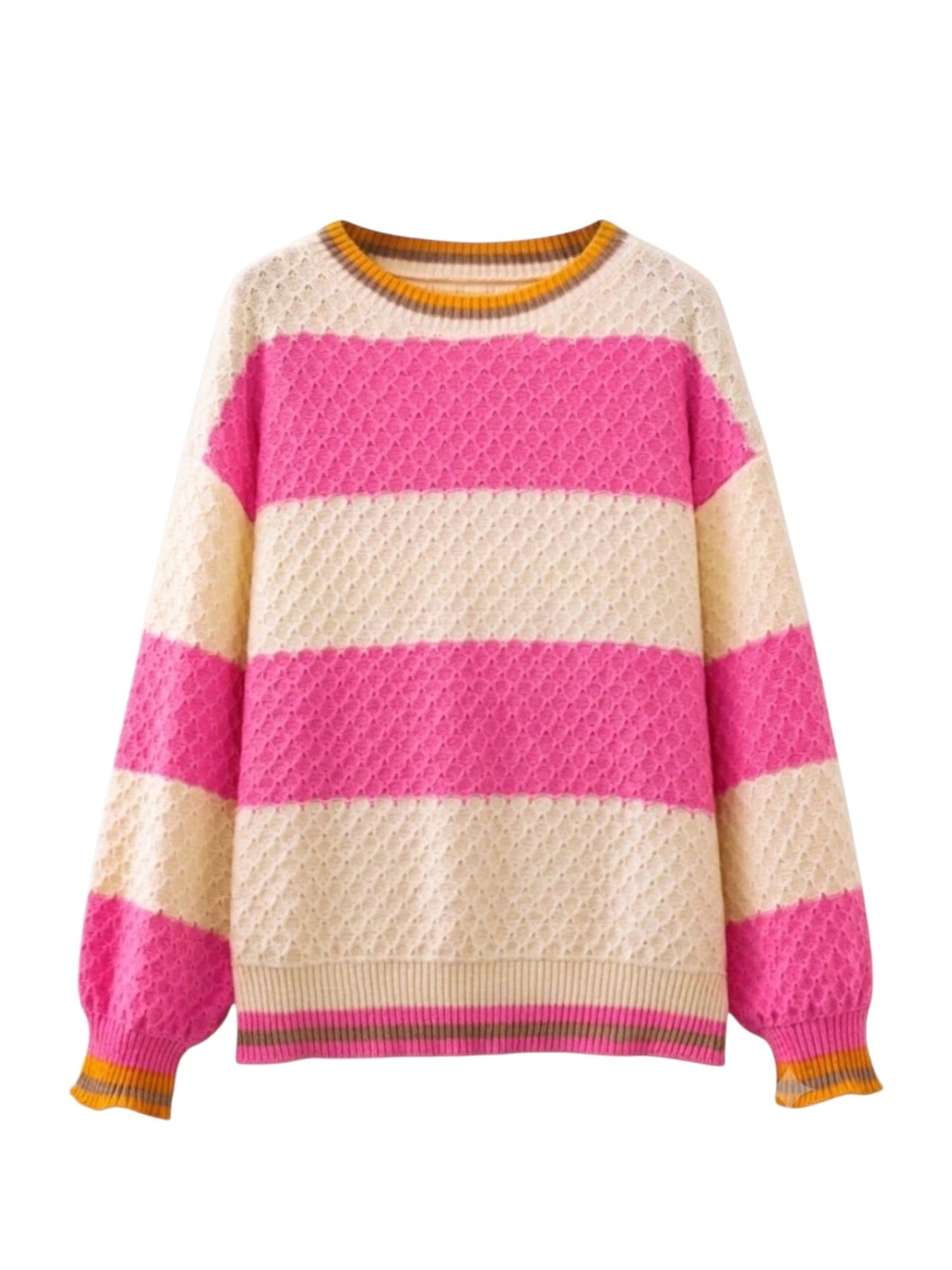 A knit crewneck sweater with bold horizontal stripes in vibrant pink and cream, featuring mustard yellow ribbed trim at the collar, cuffs, and hem.