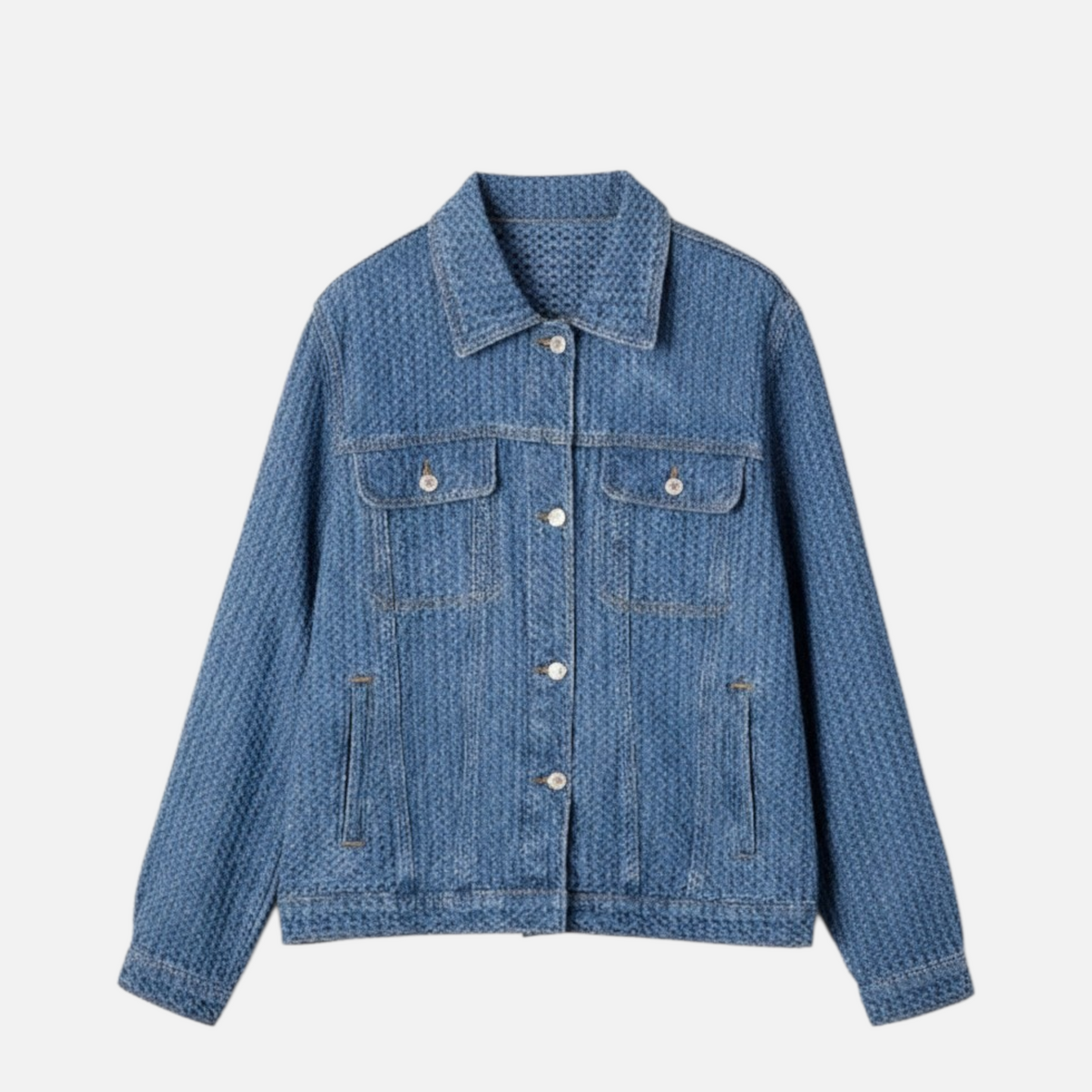 Front view of a blue textured button-down jacket featuring a classic shirt collar and dual chest pockets on a minimalist background.