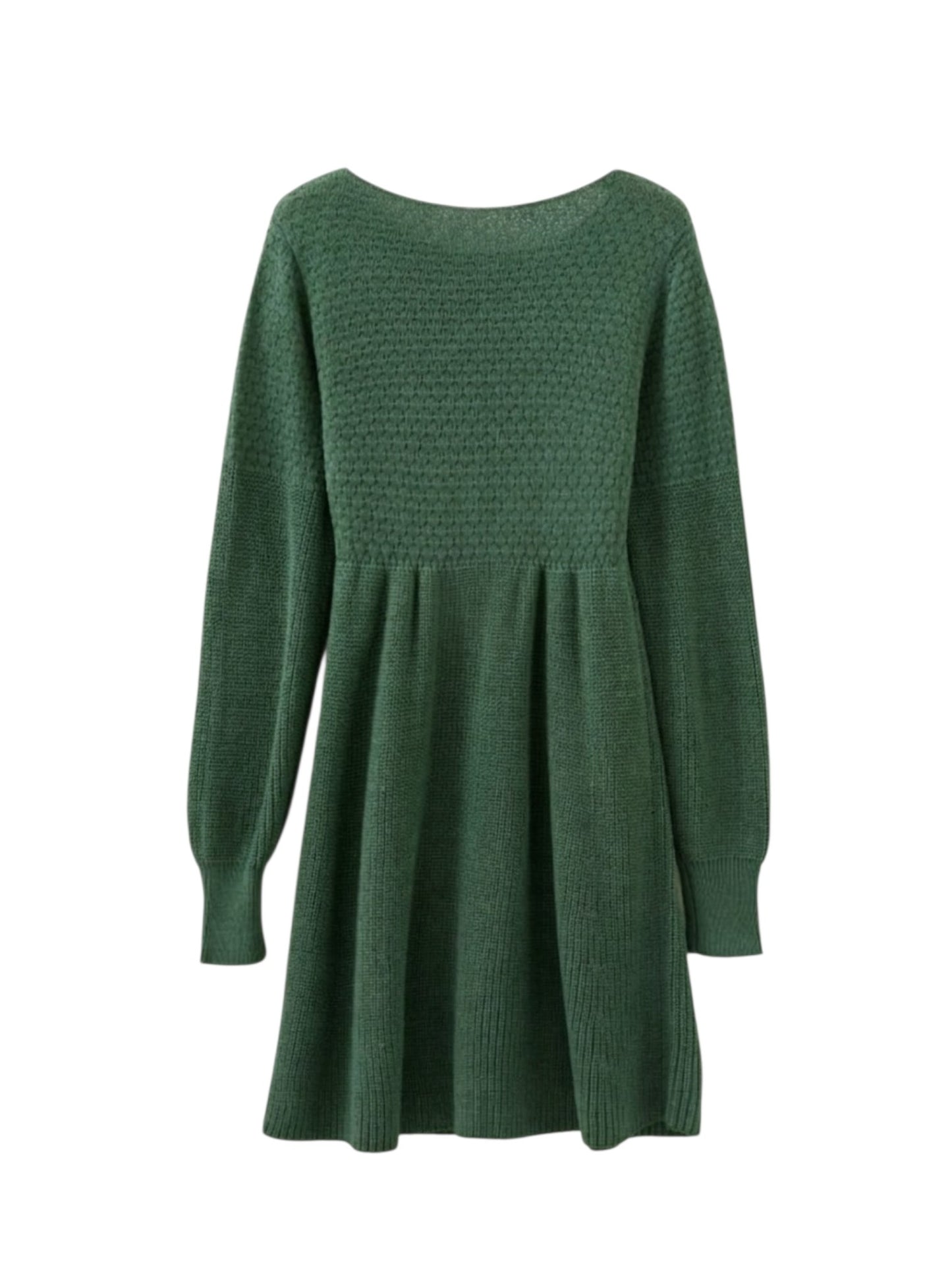 A dark green knit long-sleeve dress with a textured pattern on the bodice and a flared skirt, shown against a plain white background.