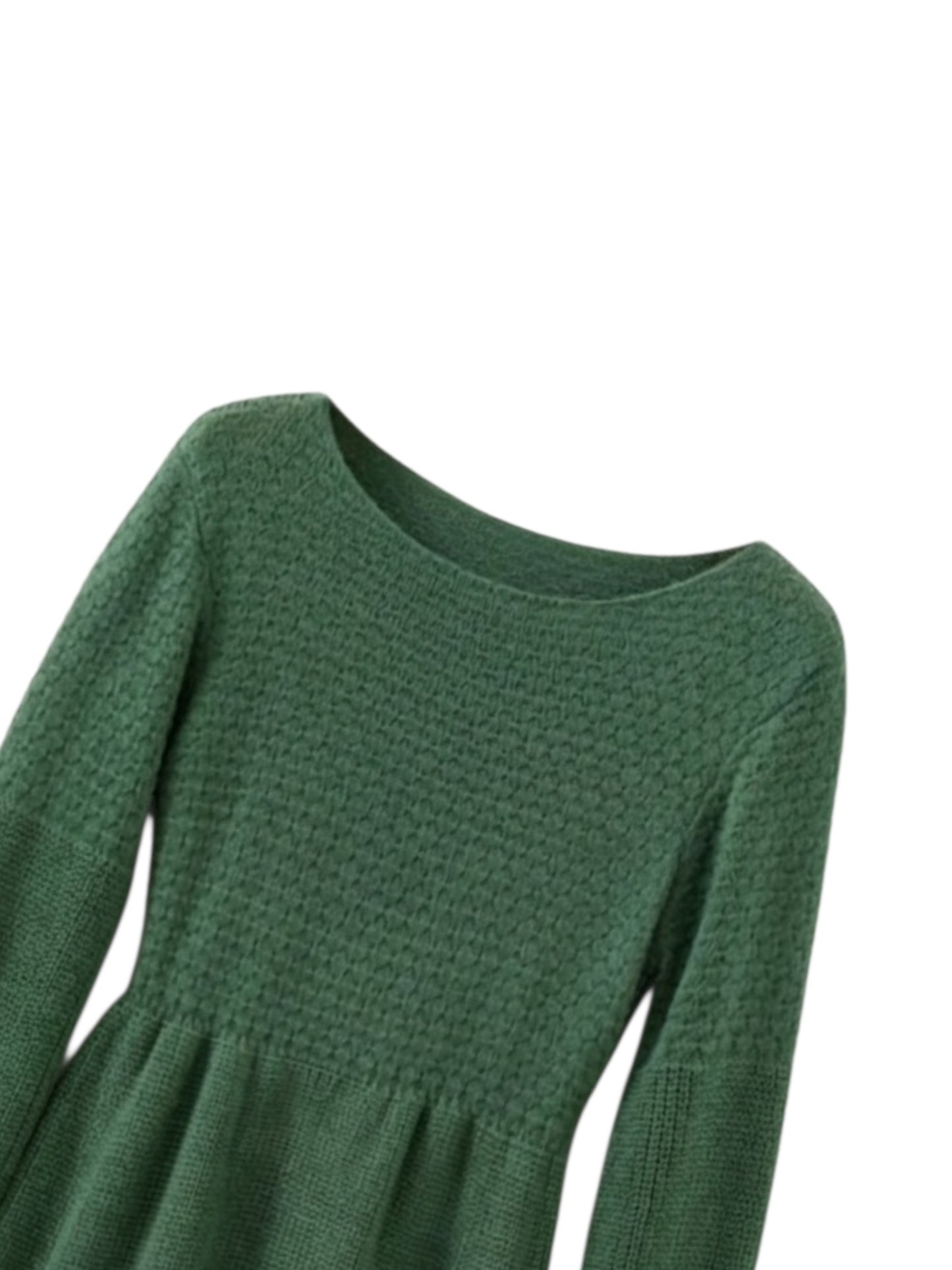 A close-up of a green textured knit long-sleeve top or dress with a wide boat neckline and a gathered waist seam, shown against a plain white background.