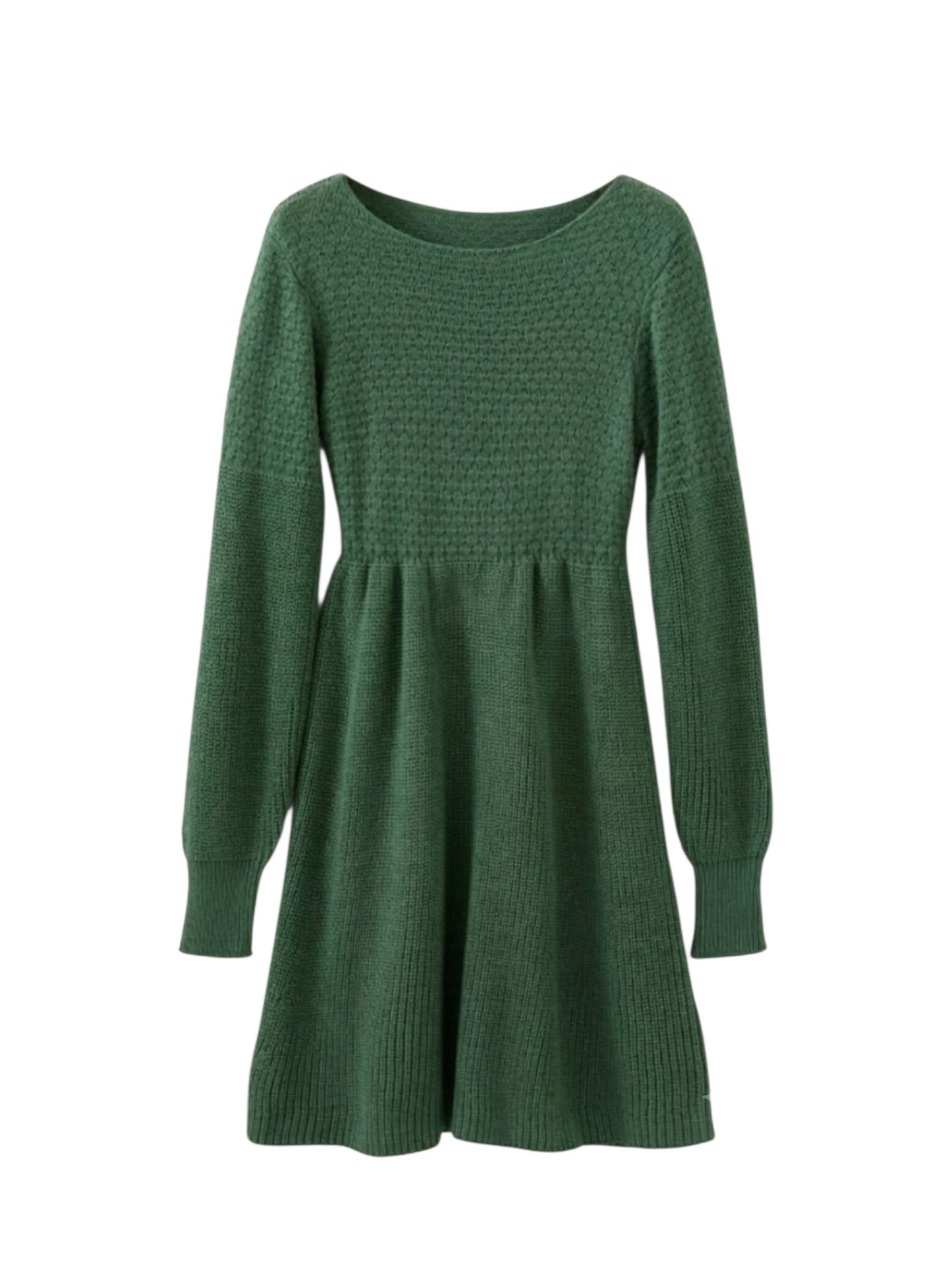 A dark green long-sleeve knit dress with a textured waffle pattern on the bodice, a smocked waist, and a flared skirt, shown against a plain white background.