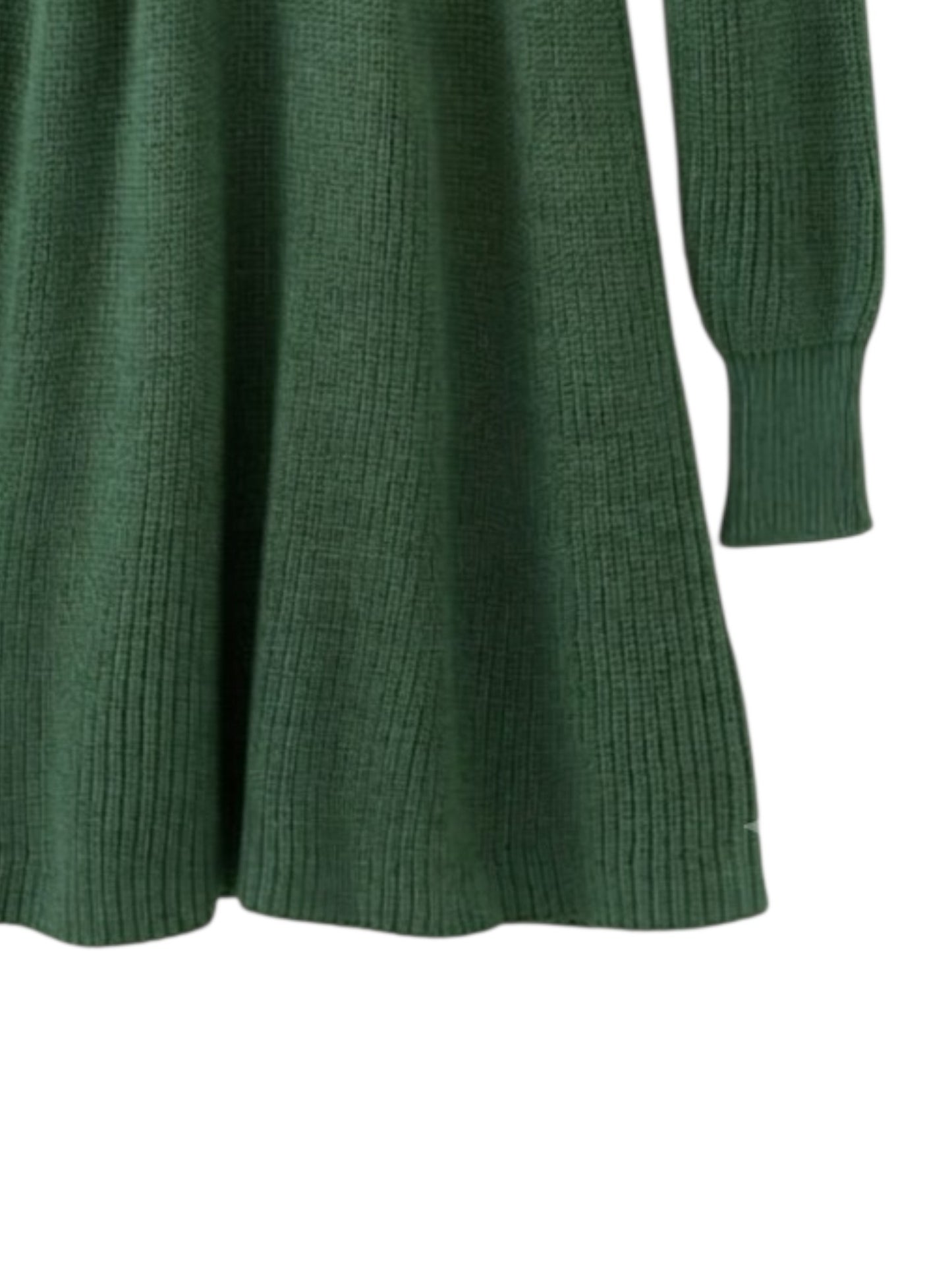 Close-up of a dark green ribbed knit sweater with a long sleeve and ribbed cuffs, shown against a plain white background.