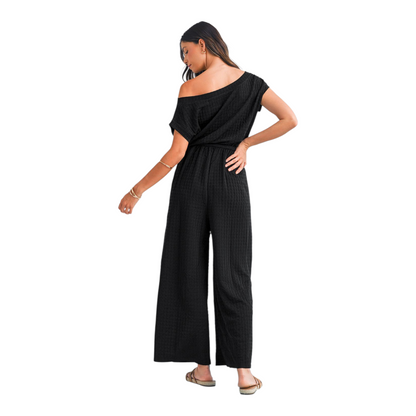 Textured Mesh One-Shoulder Jumpsuit