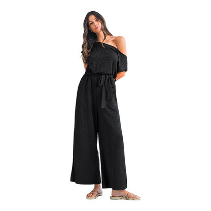 Textured Mesh One-Shoulder Jumpsuit